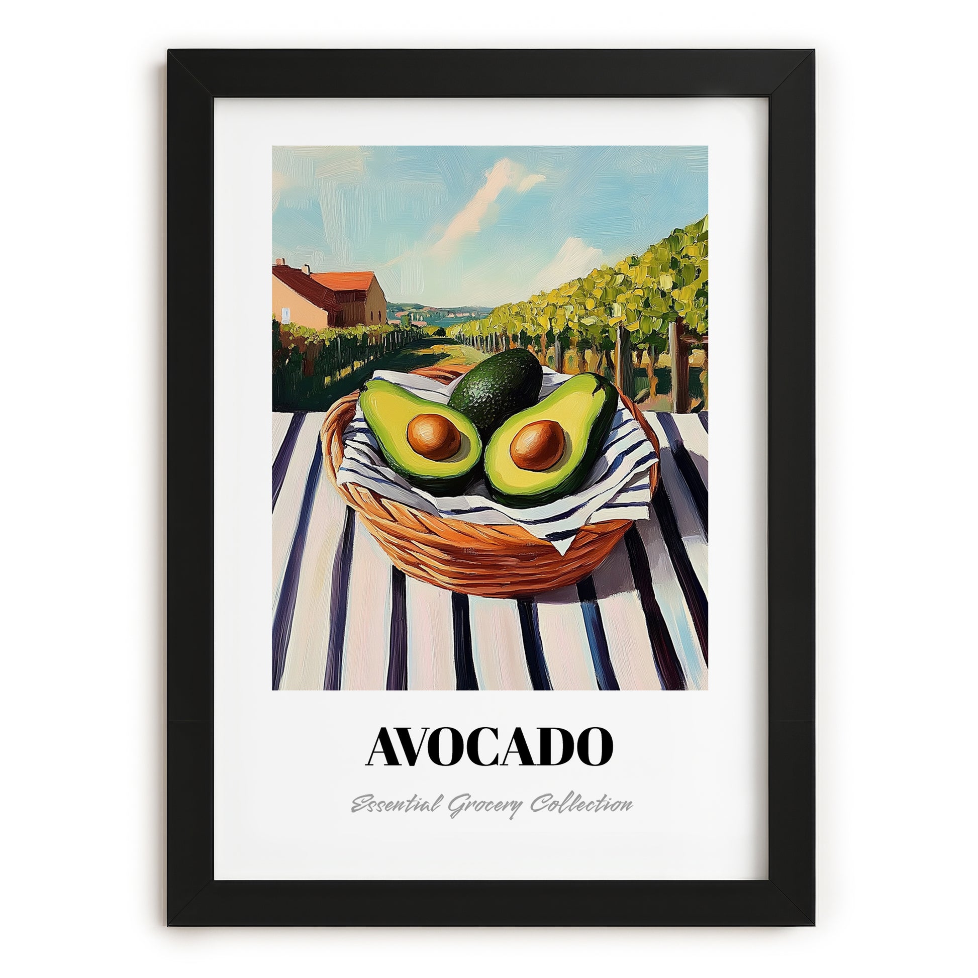 Avocado – Valley Café Scene, Vegetable Poster, in sleek black frame