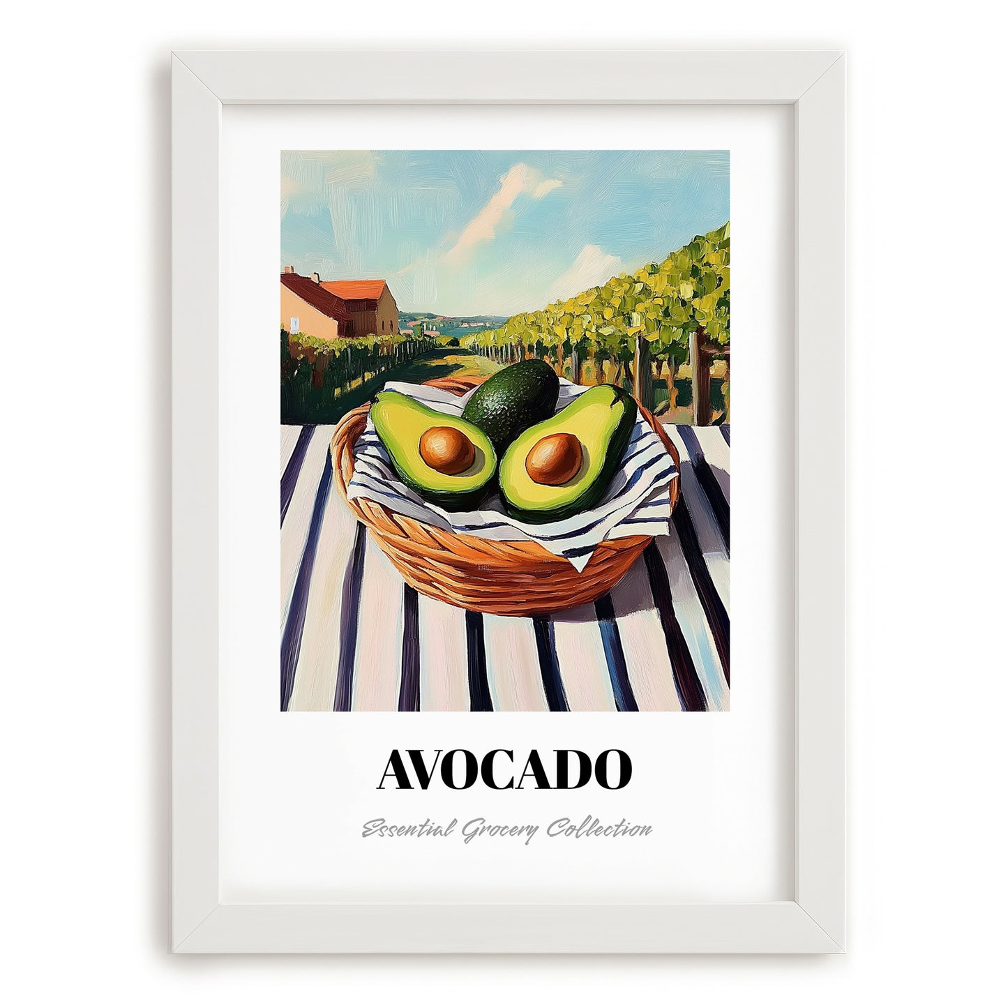 Avocado – Valley Café Scene, Vegetable Poster, placed in minimal white frame