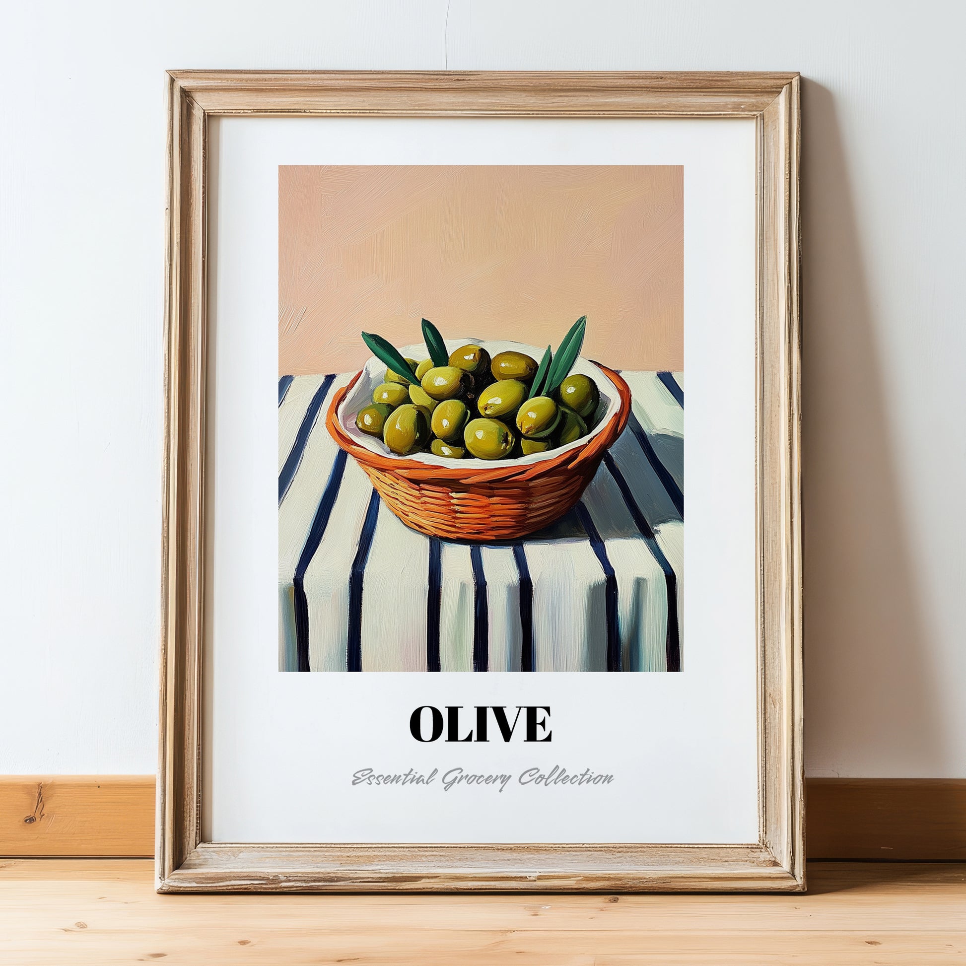 Olive – on Striped Tablecloth, Vegetable Wall Decor, in wooden frame leaning on the floor
