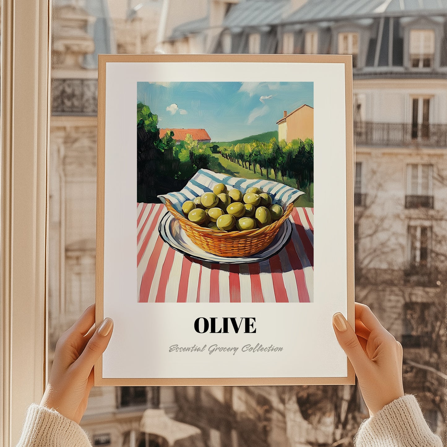 Olive – Green Valley Landscape, Vegetable Painting, styled in a charming Paris street view