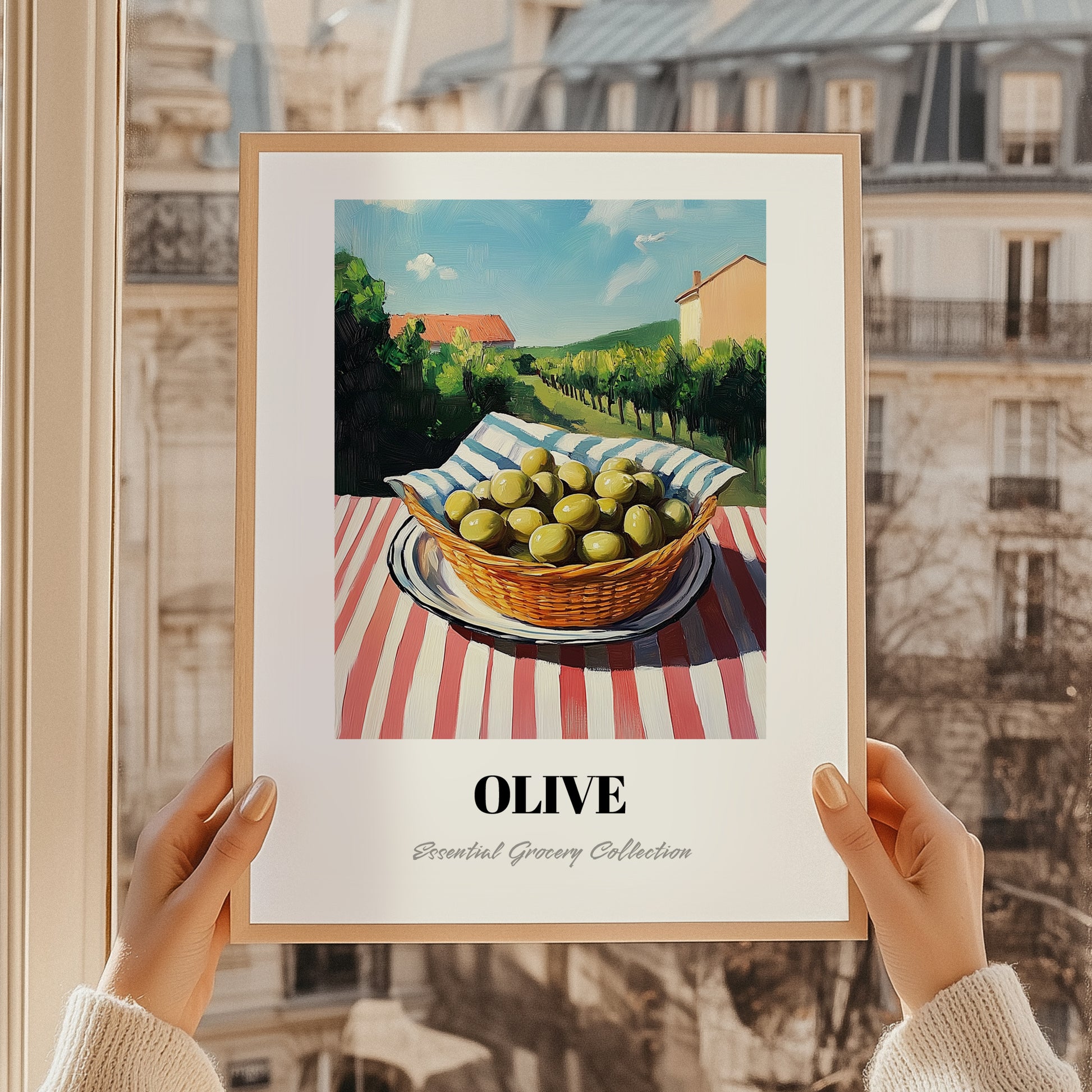 Olive – Green Valley Landscape, Vegetable Painting, styled in a charming Paris street view