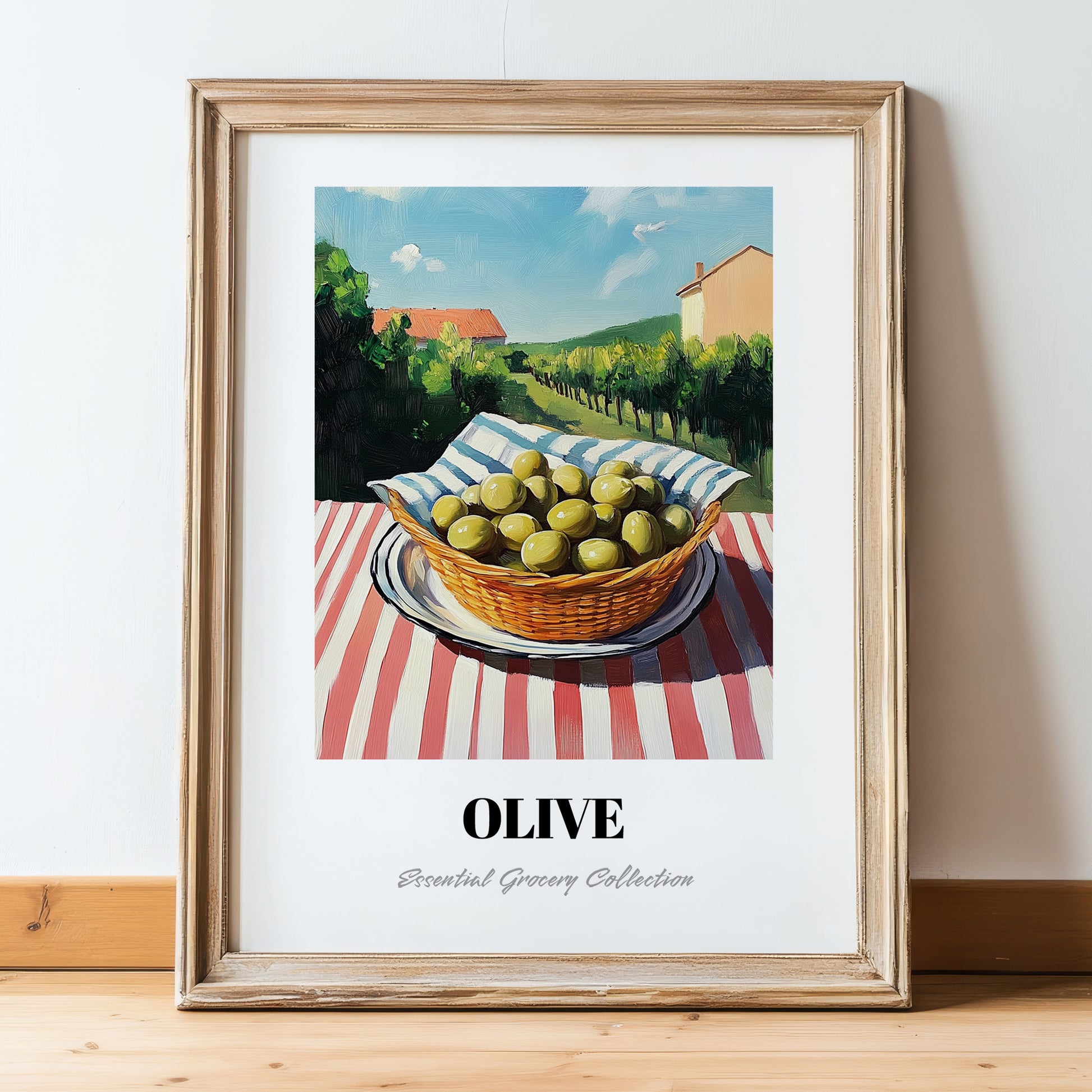 Olive – Green Valley Landscape, Vegetable Painting, in wooden frame leaning on the floor