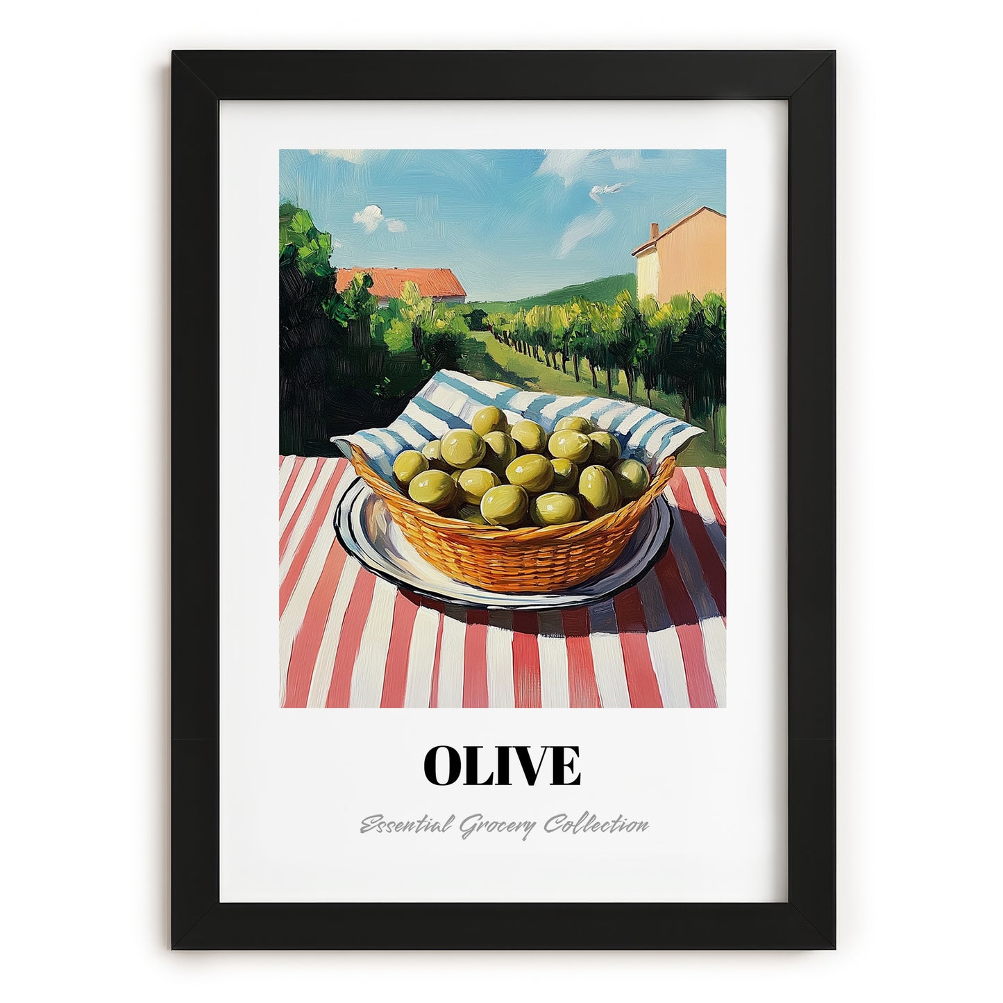 Olive – Green Valley Landscape, Vegetable Painting, in sleek black frame