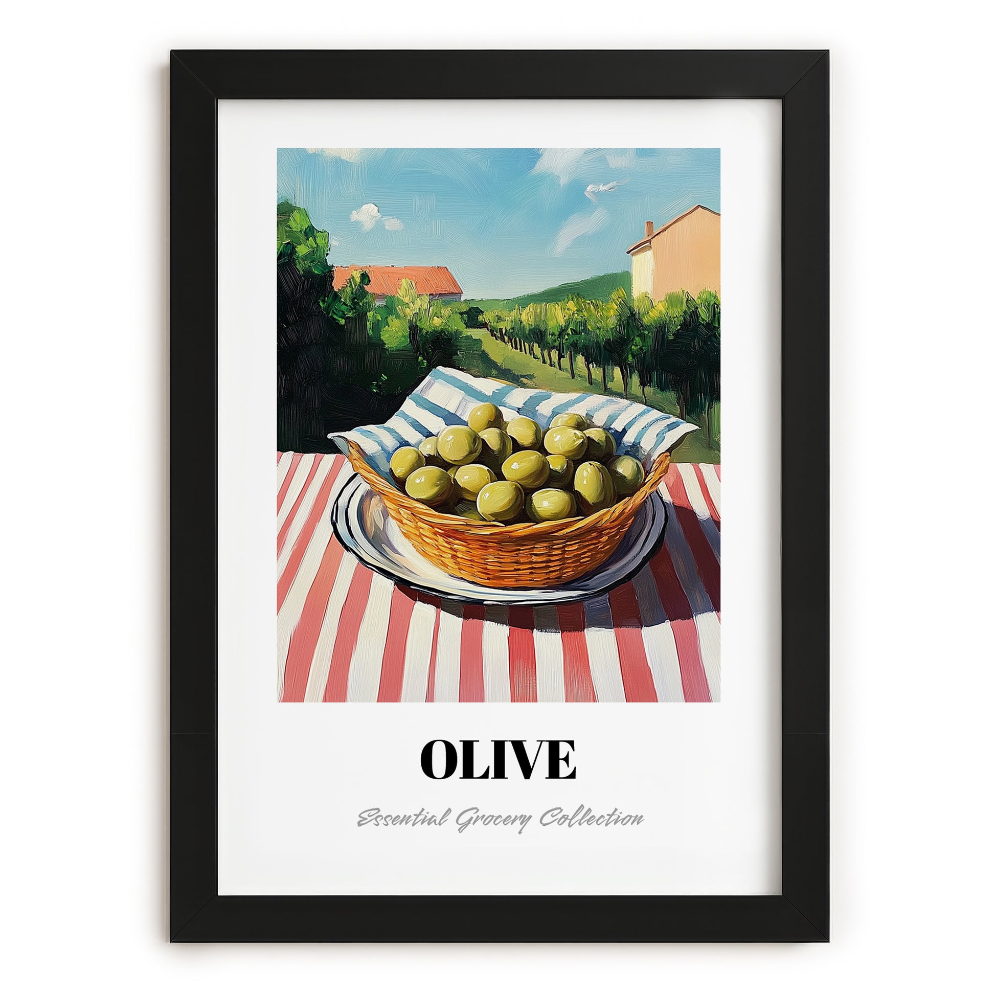 Olive – Green Valley Landscape, Vegetable Painting, in sleek black frame