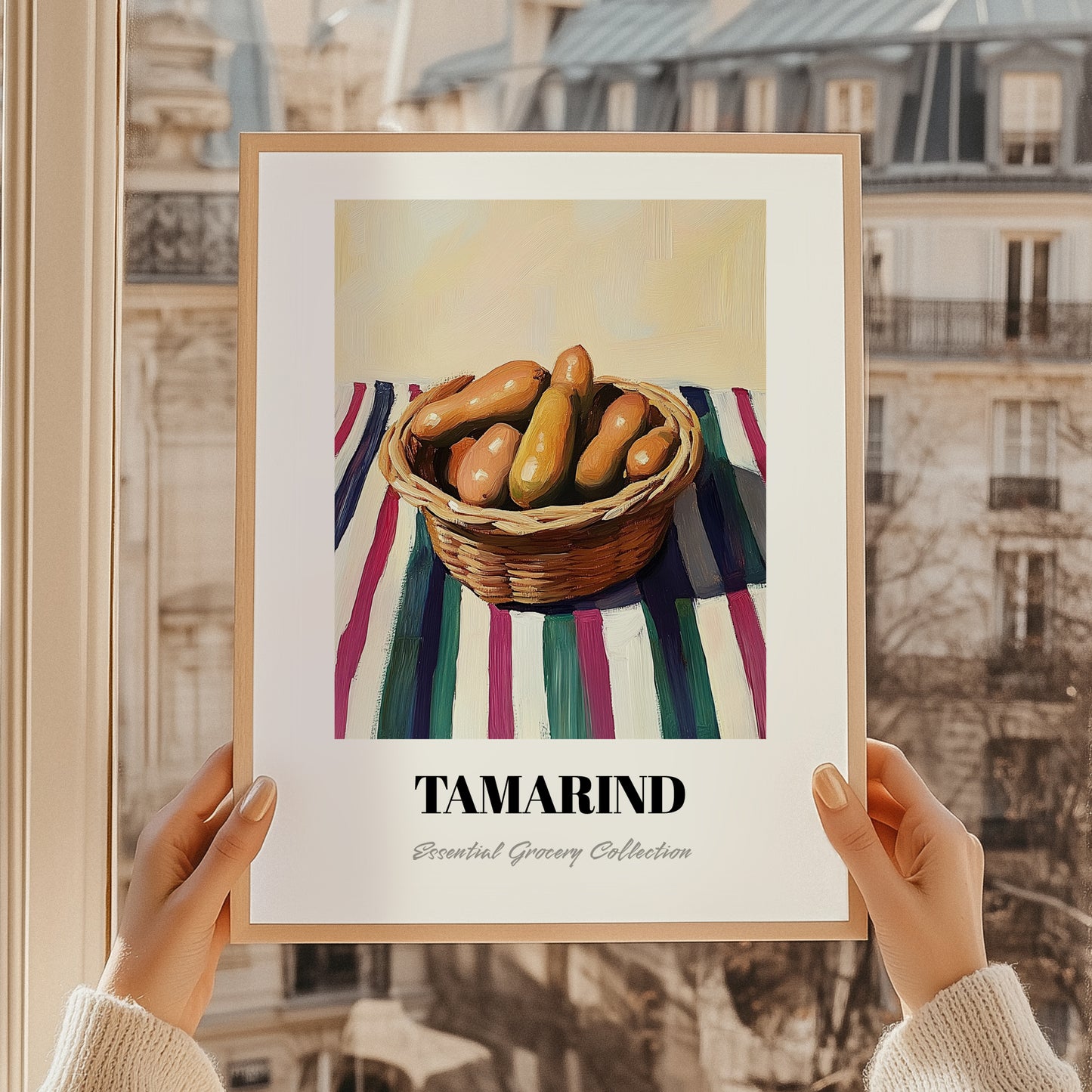 Tamarind – on Striped Tablecloth, Vegetable Still Life, styled in a charming Paris street view