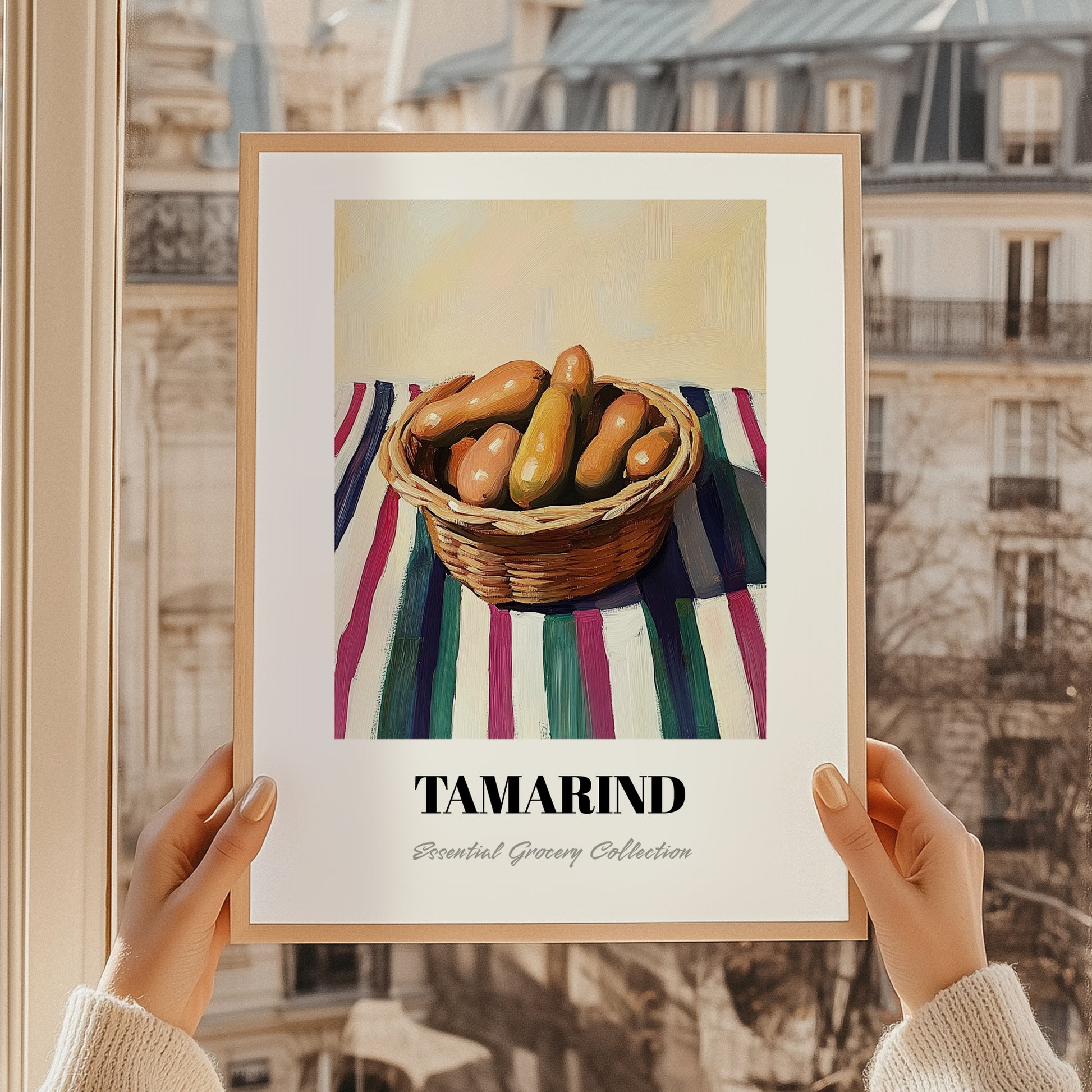 Tamarind – on Striped Tablecloth, Vegetable Still Life, styled in a charming Paris street view