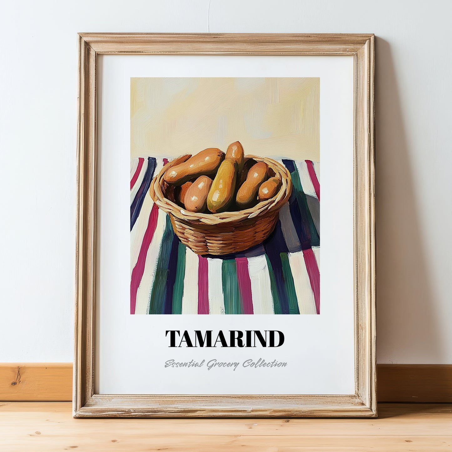 Tamarind – on Striped Tablecloth, Vegetable Still Life, in wooden frame leaning on the floor