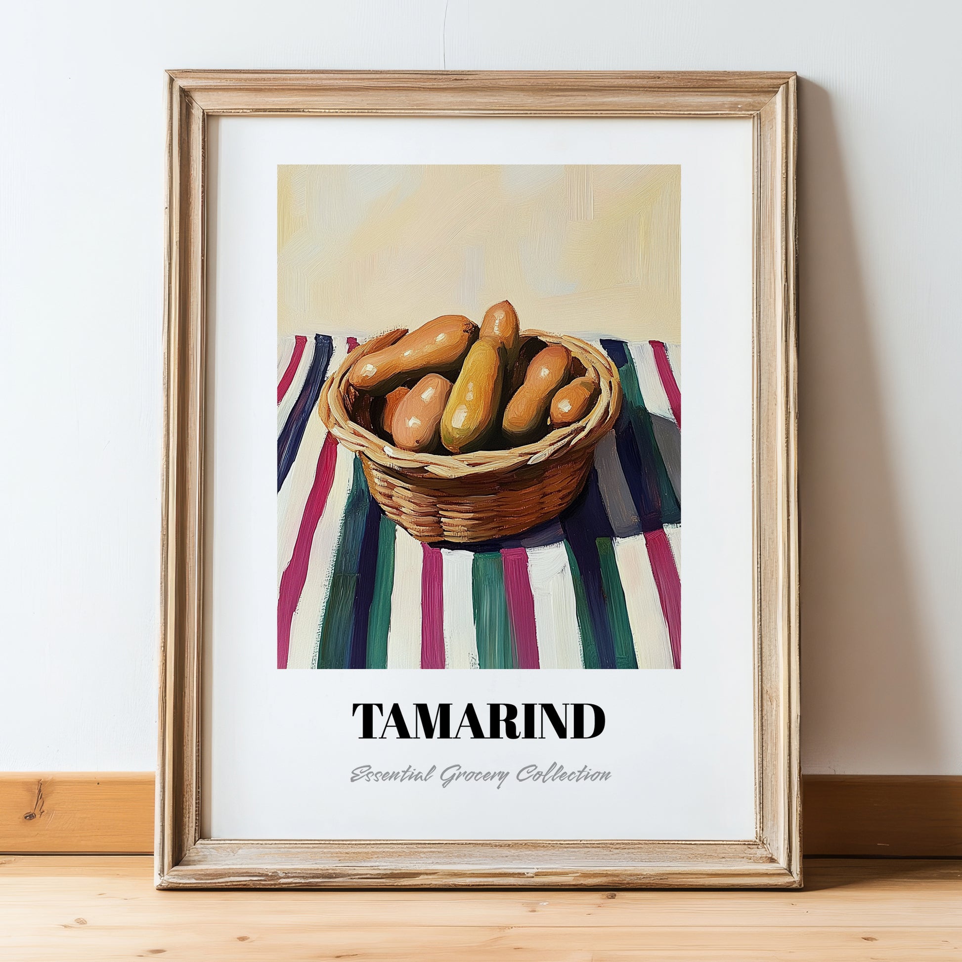 Tamarind – on Striped Tablecloth, Vegetable Still Life, in wooden frame leaning on the floor