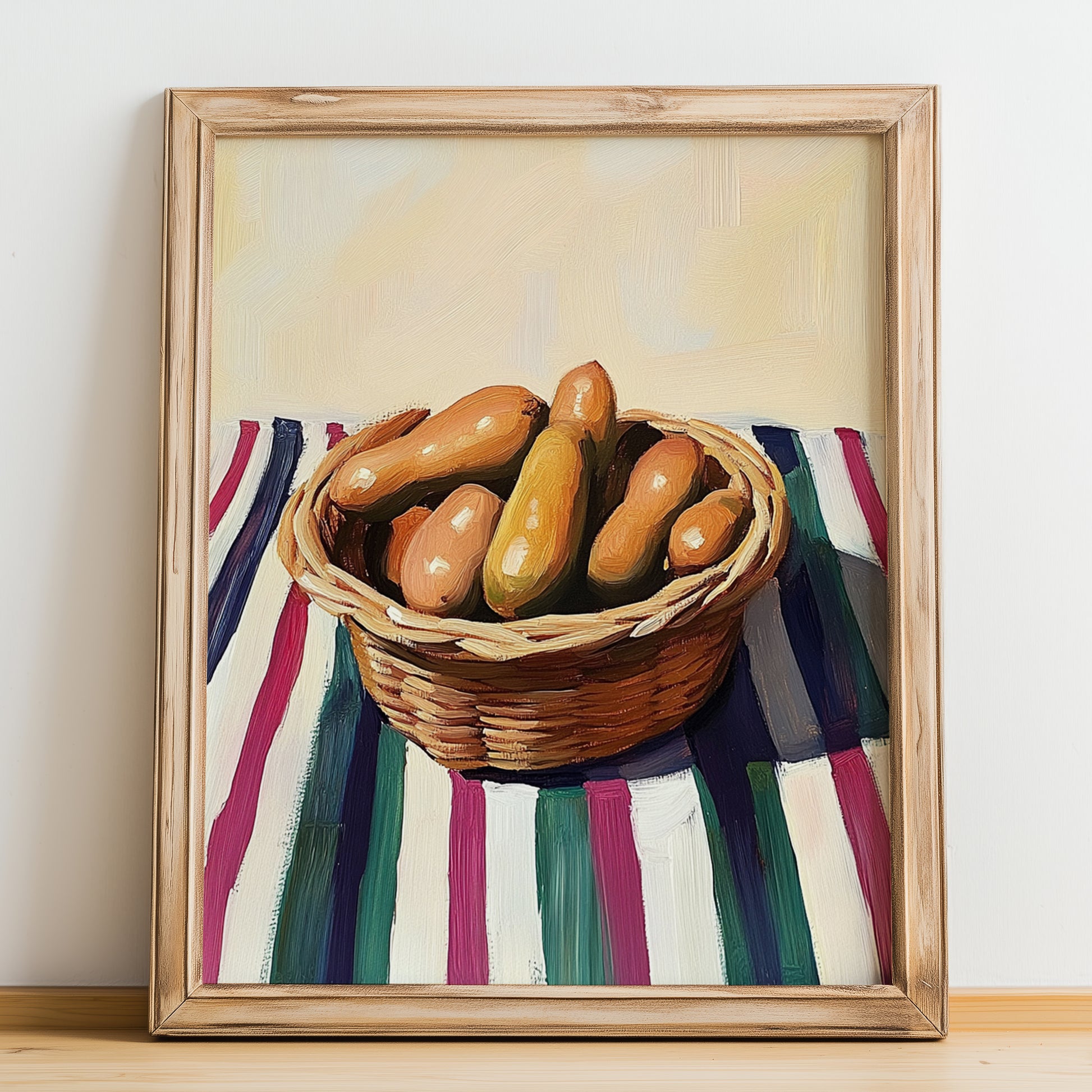 Tamarind – on Striped Tablecloth, Vegetable Still Life, no-text version framed in wood