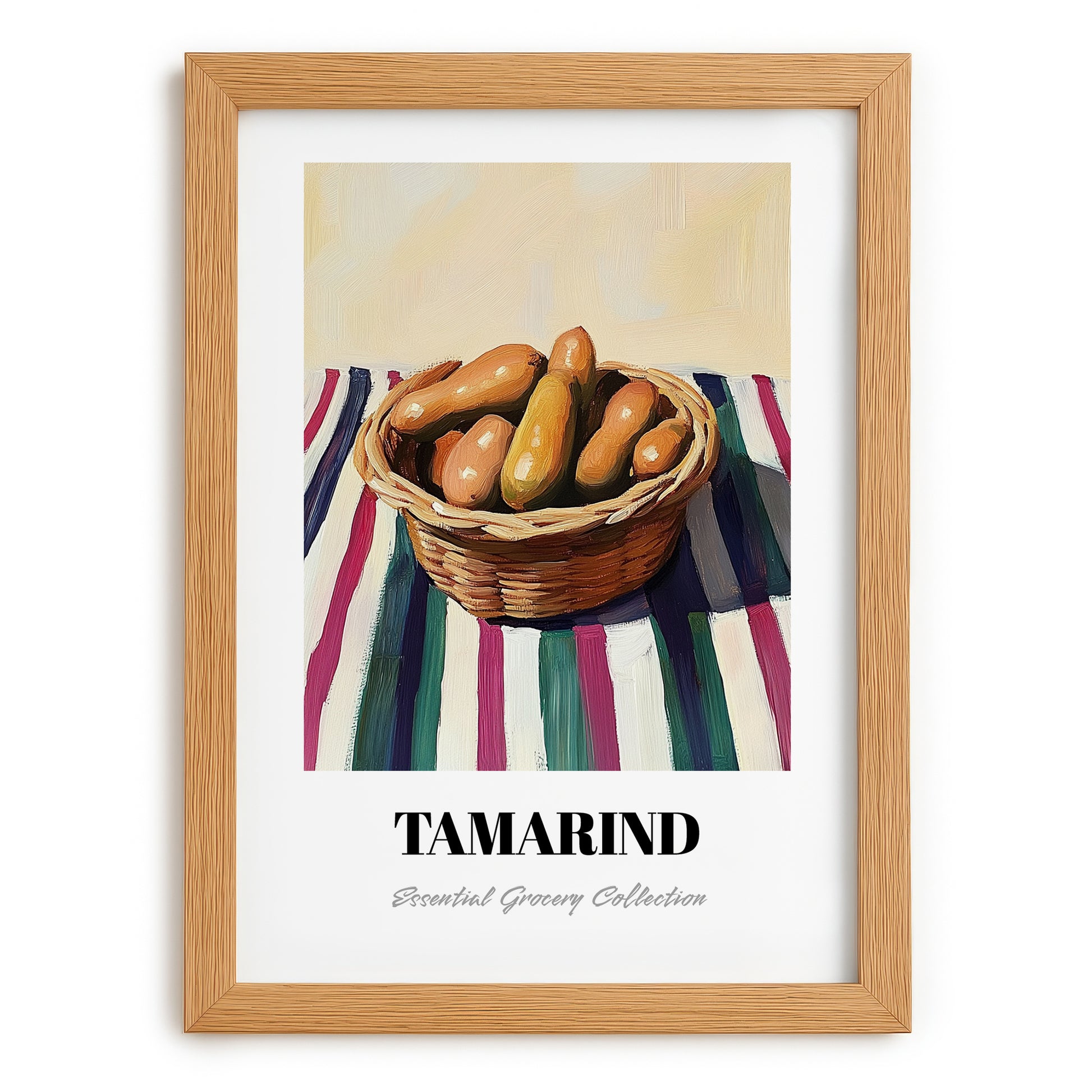 Tamarind – on Striped Tablecloth, Vegetable Still Life, set in oak frame