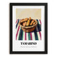 Tamarind – on Striped Tablecloth, Vegetable Still Life, in sleek black frame