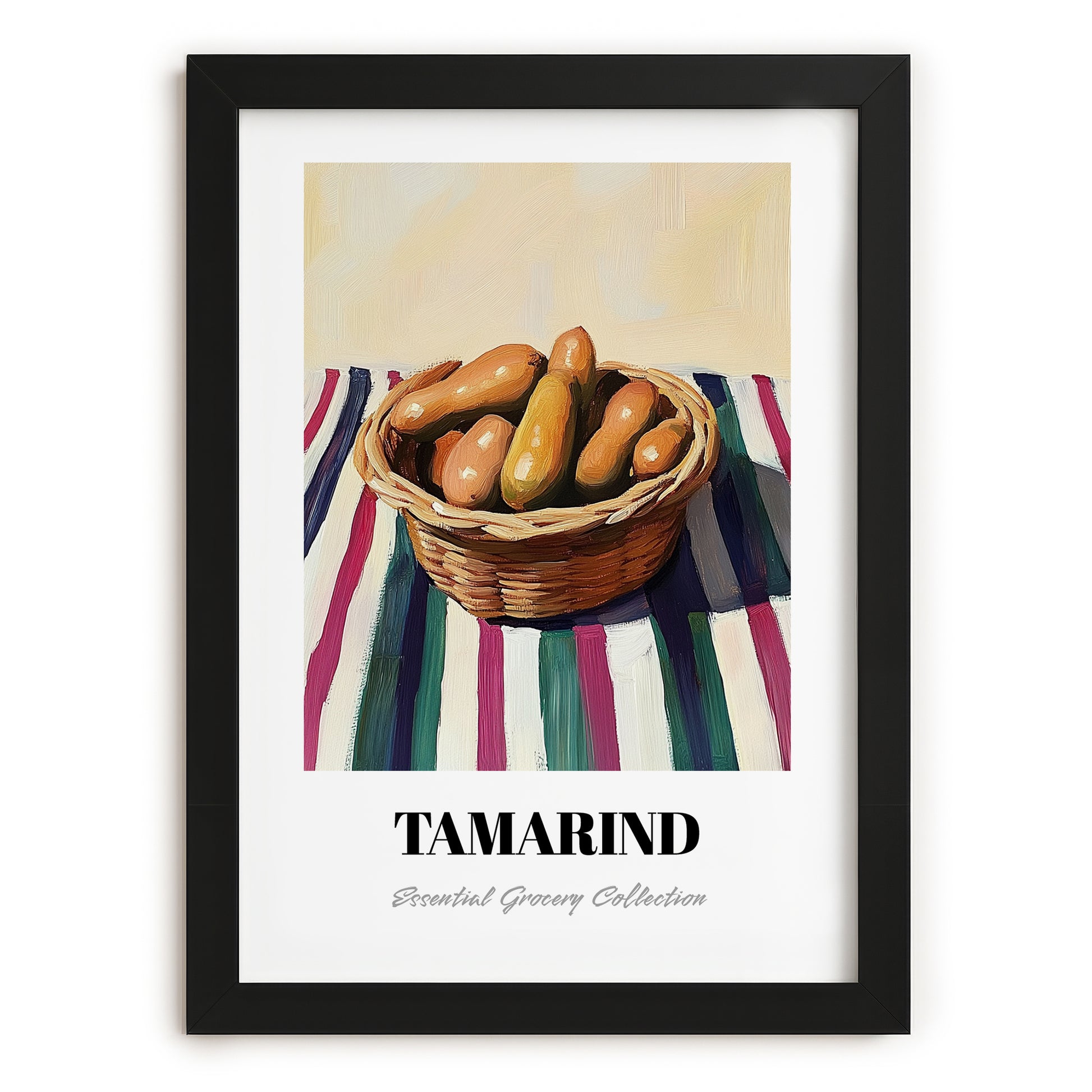 Tamarind – on Striped Tablecloth, Vegetable Still Life, in sleek black frame