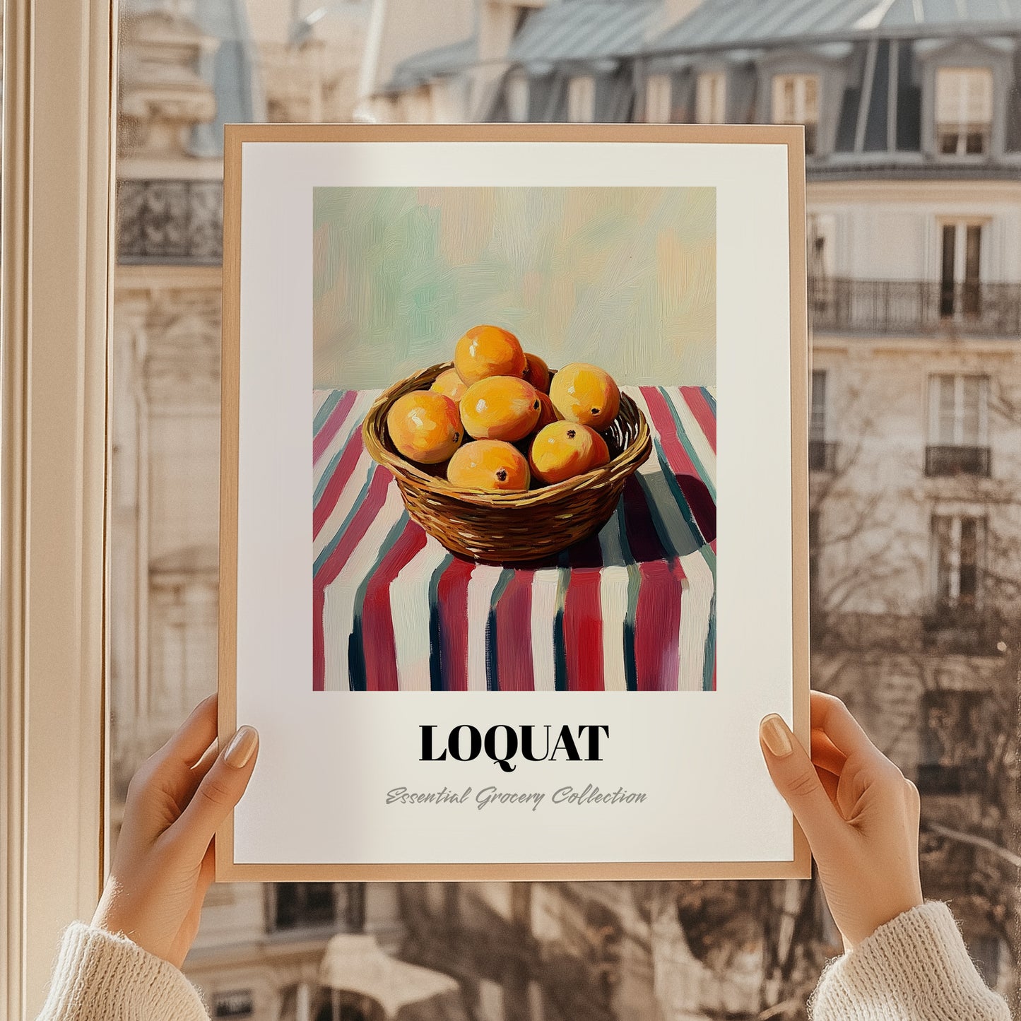 Loquat – on Striped Tablecloth, Vegetable Still Life, styled in a charming Paris street view