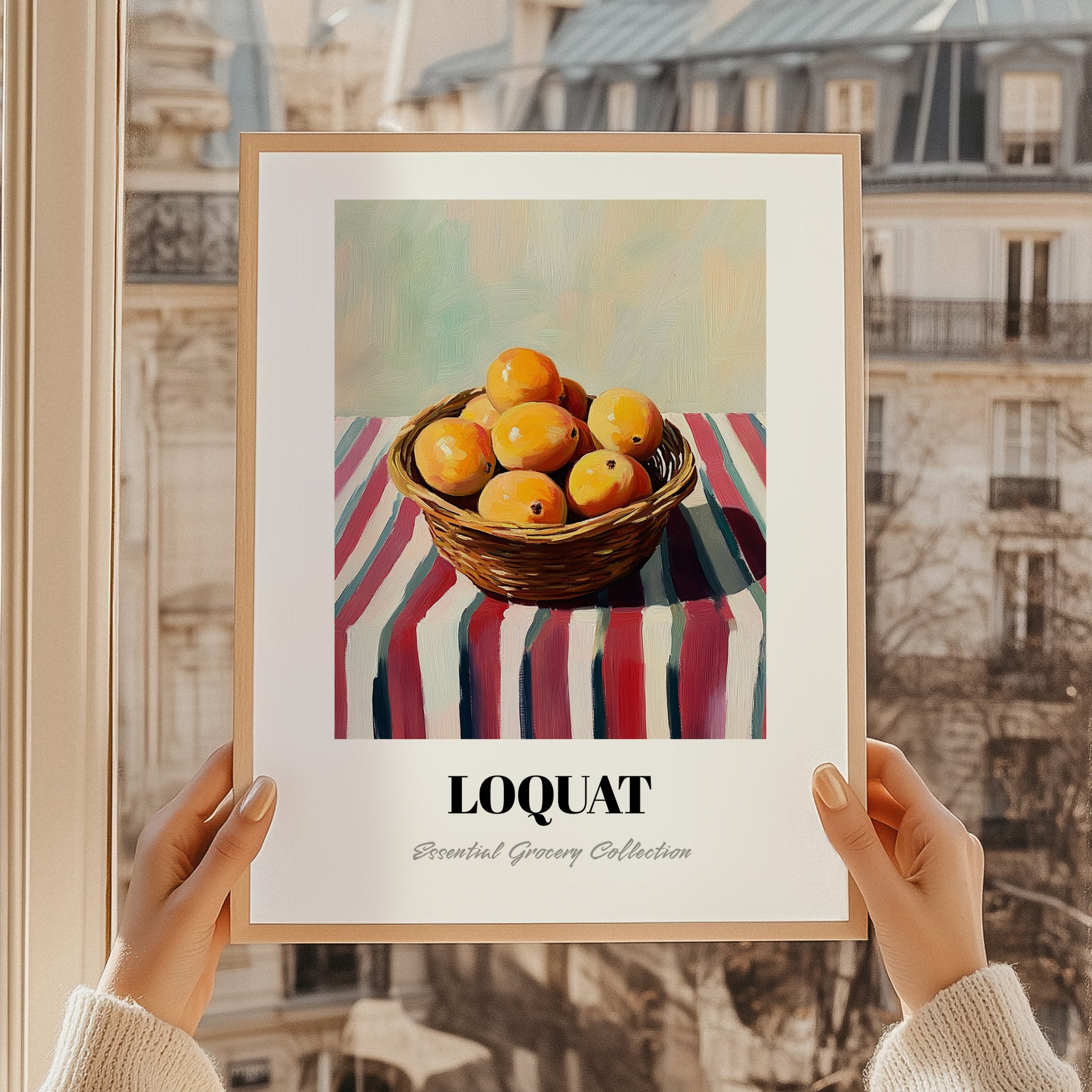 Loquat – on Striped Tablecloth, Vegetable Still Life, styled in a charming Paris street view