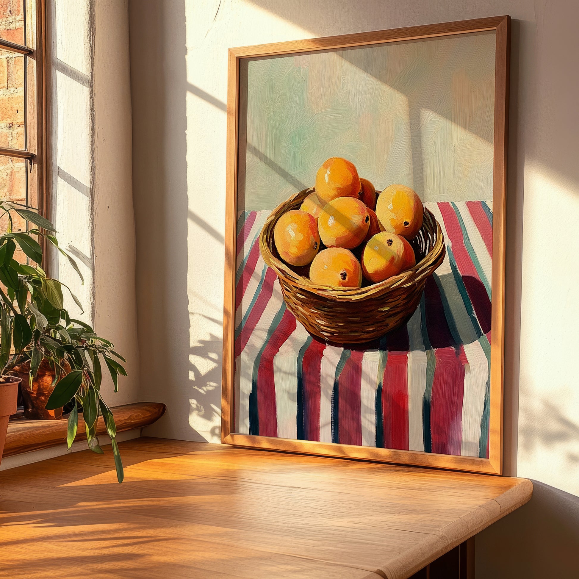 Loquat – on Striped Tablecloth, Vegetable Still Life, clean layout with no caption