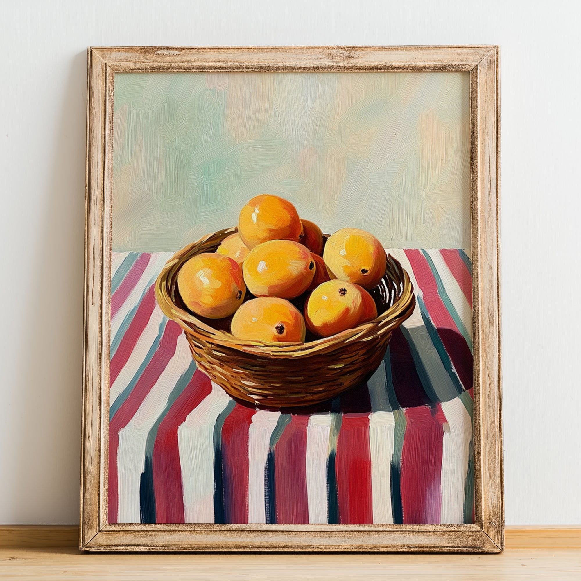 Loquat – on Striped Tablecloth, Vegetable Still Life, no-text version framed in wood