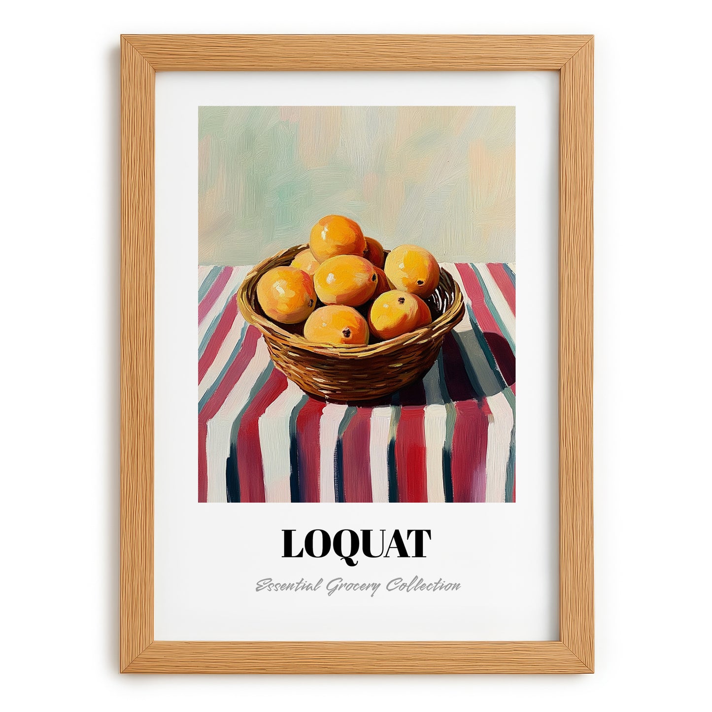 Loquat – on Striped Tablecloth, Vegetable Still Life, set in oak frame