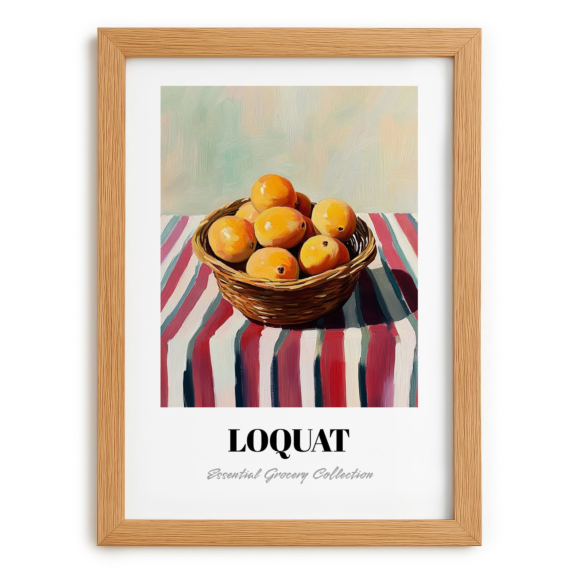Loquat – on Striped Tablecloth, Vegetable Still Life, set in oak frame