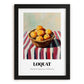 Loquat – on Striped Tablecloth, Vegetable Still Life, in sleek black frame