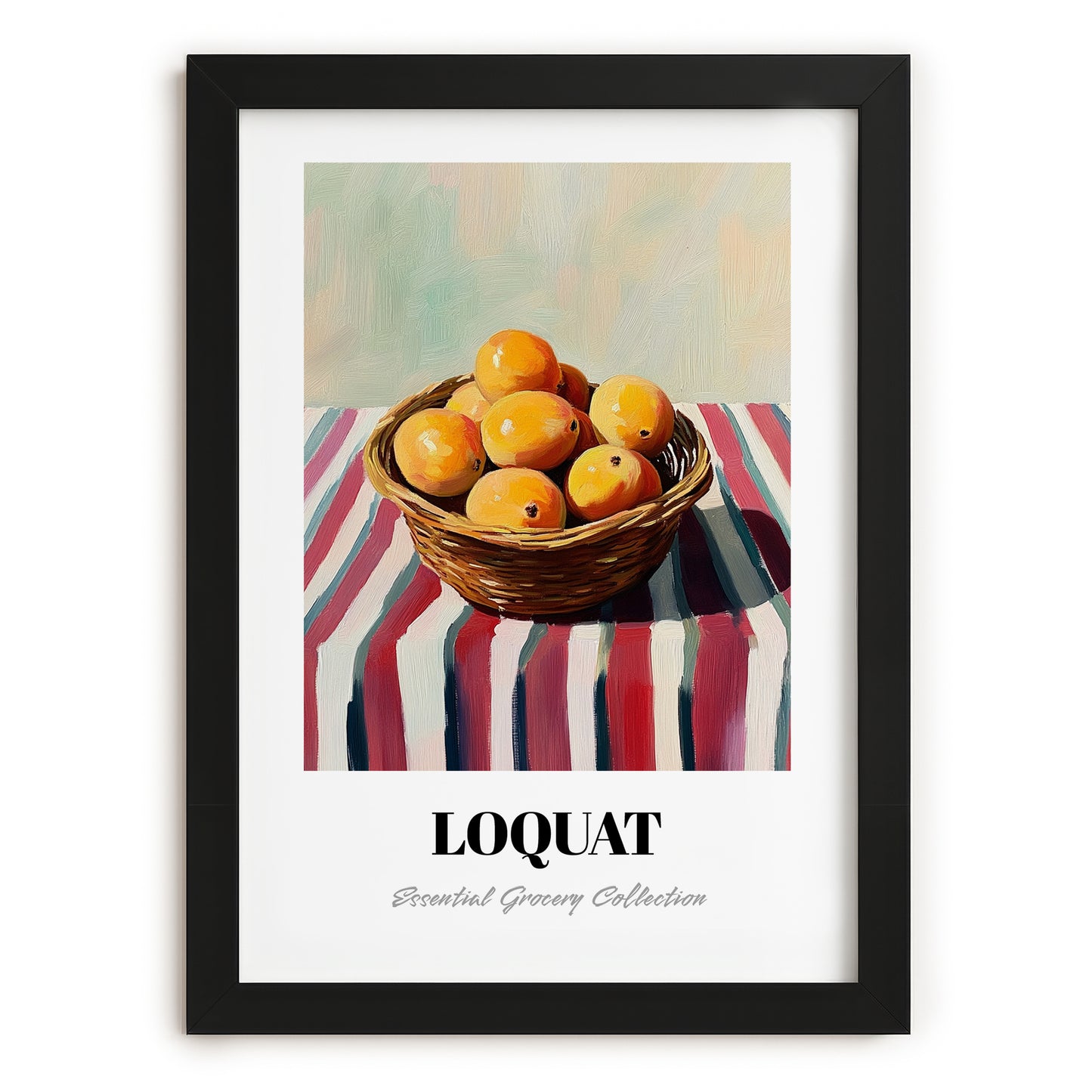 Loquat – on Striped Tablecloth, Vegetable Still Life, in sleek black frame