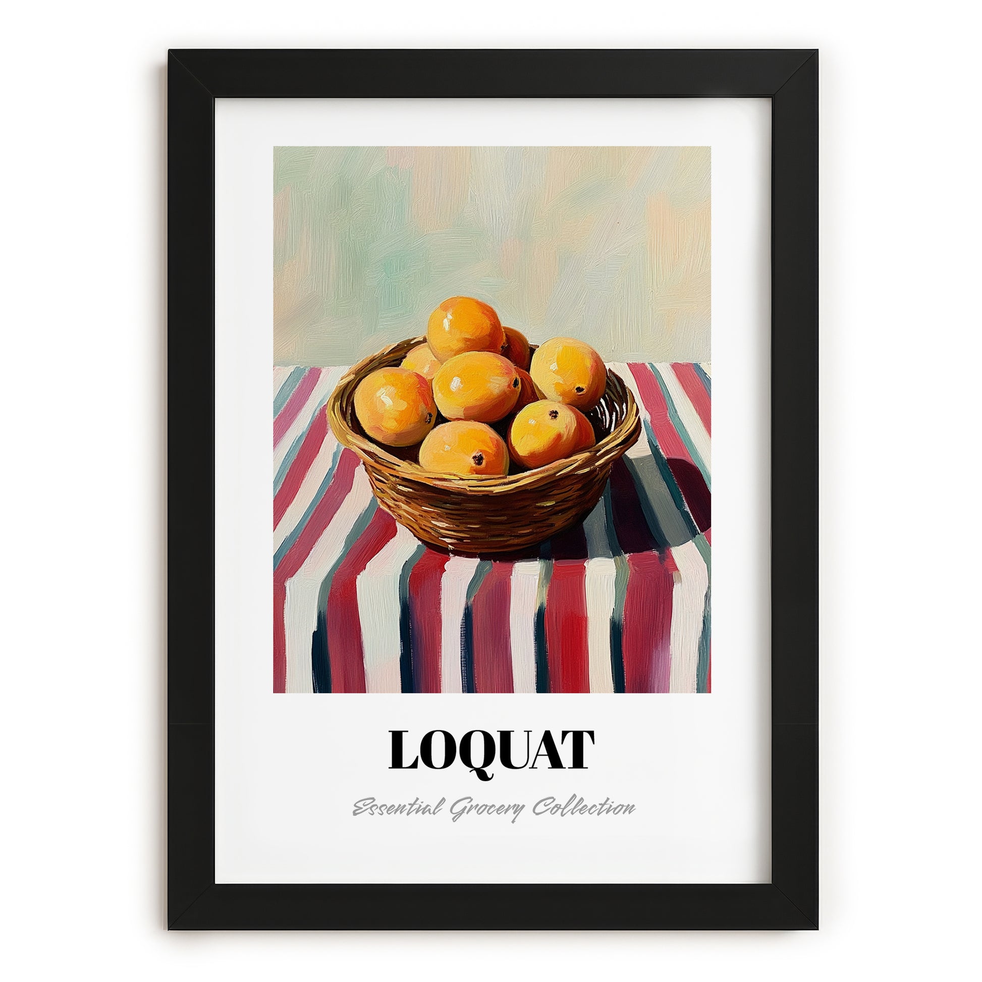 Loquat – on Striped Tablecloth, Vegetable Still Life, in sleek black frame