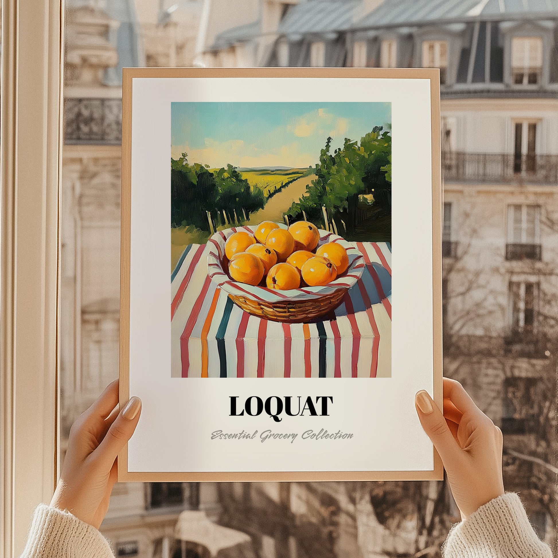 Loquat – Green Valley Landscape, Vegetable Painting, styled in a charming Paris street view