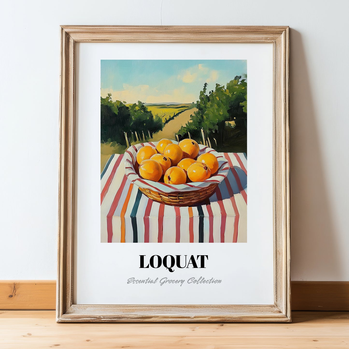 Loquat – Green Valley Landscape, Vegetable Painting, in wooden frame leaning on the floor