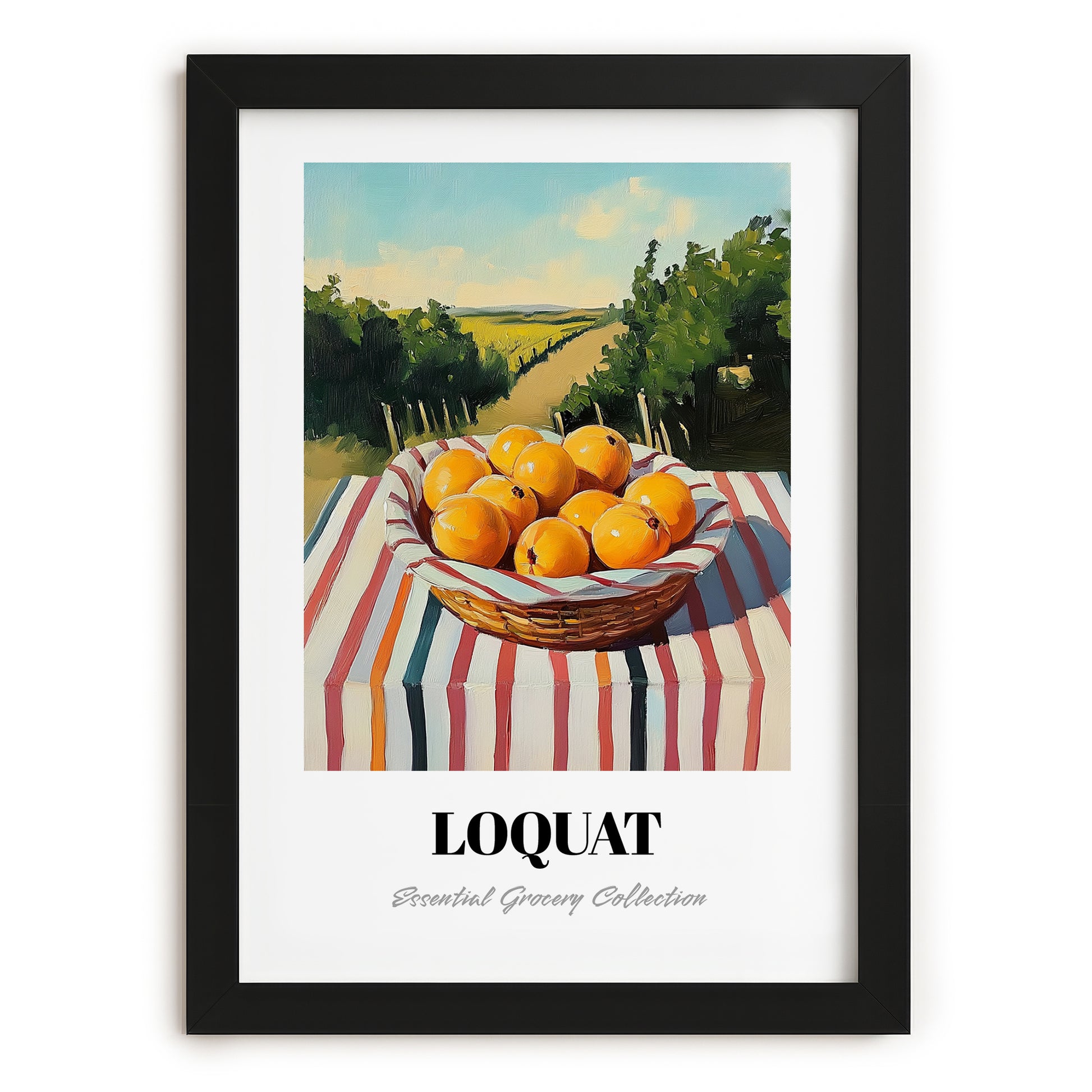 Loquat – Green Valley Landscape, Vegetable Painting, in sleek black frame