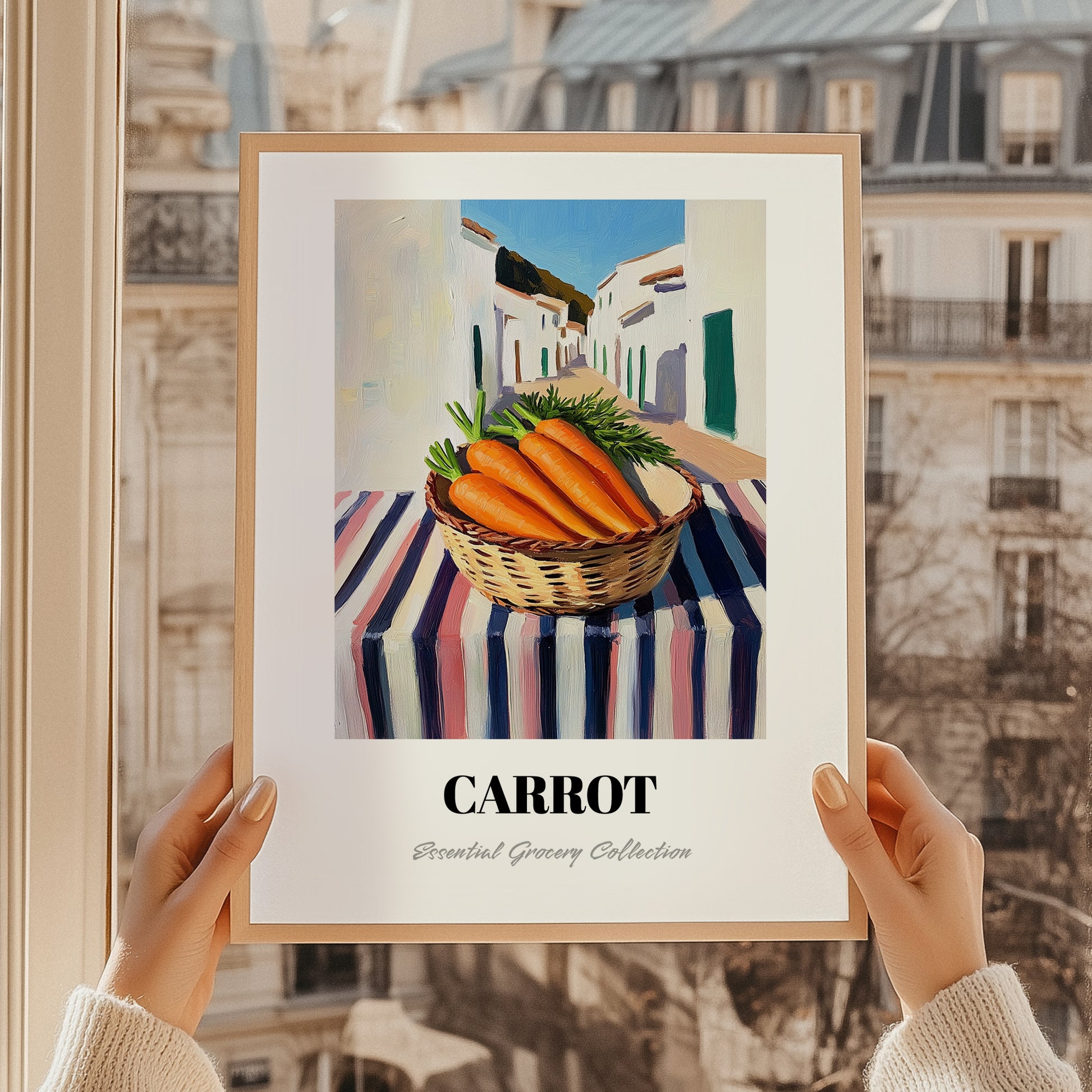 Carrot – White village Urban Café Scene, Vegetable Print, styled in a charming Paris street view