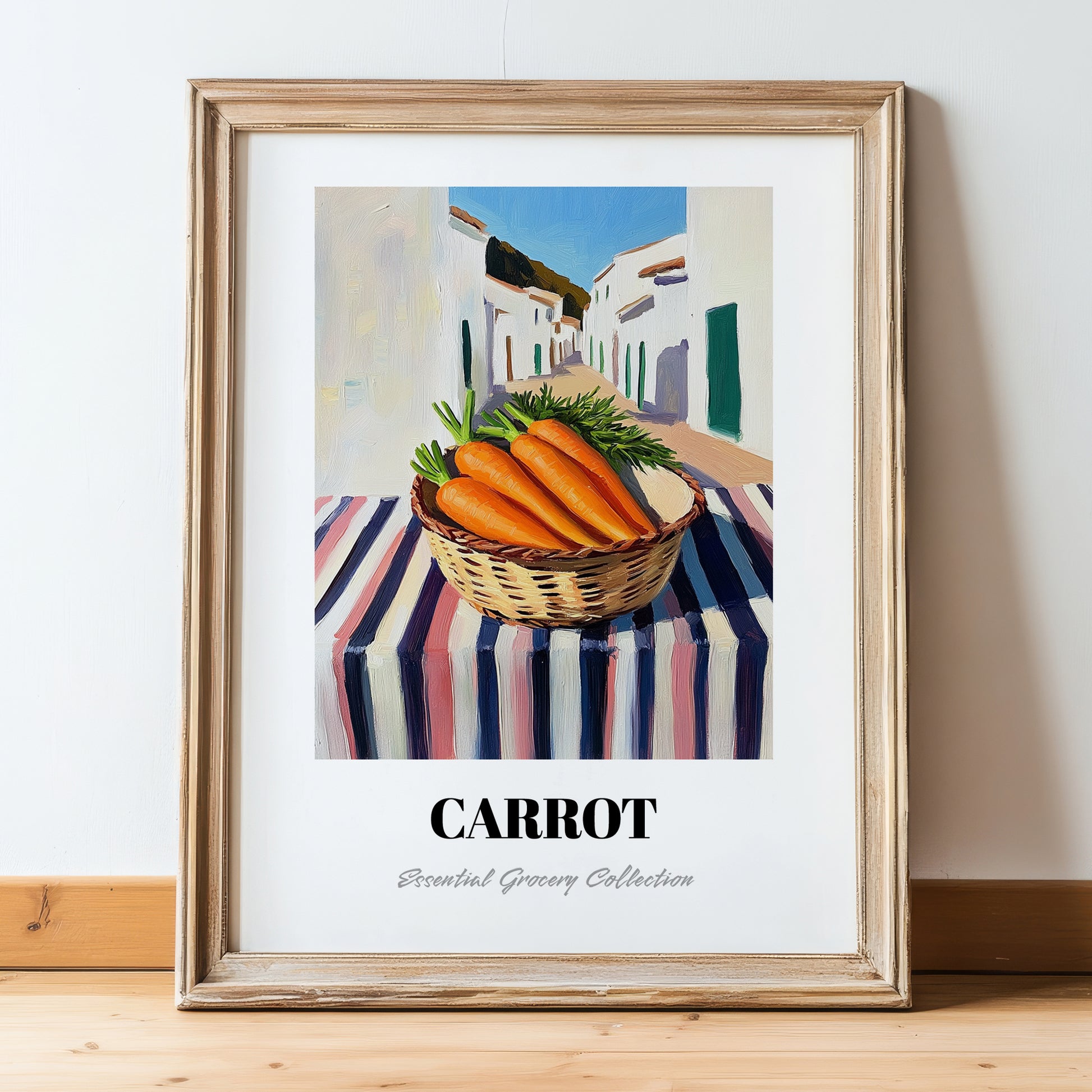 Carrot – White village Urban Café Scene, Vegetable Print, in wooden frame leaning on the floor