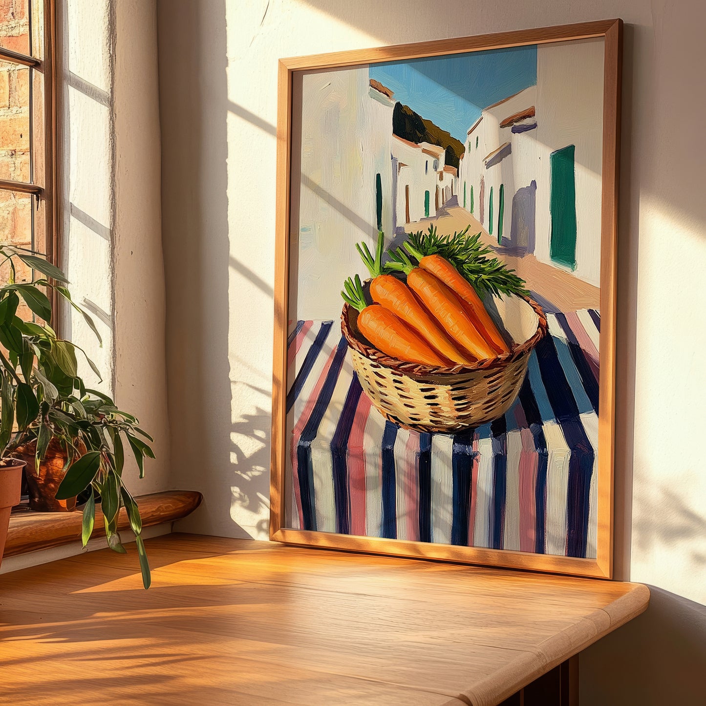 Carrot – White village Urban Café Scene, Vegetable Print, clean layout with no caption