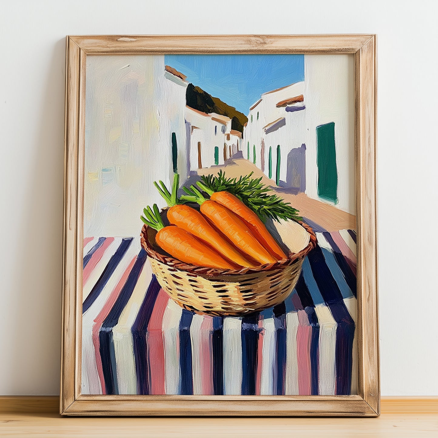 Carrot – White village Urban Café Scene, Vegetable Print, no-text version framed in wood