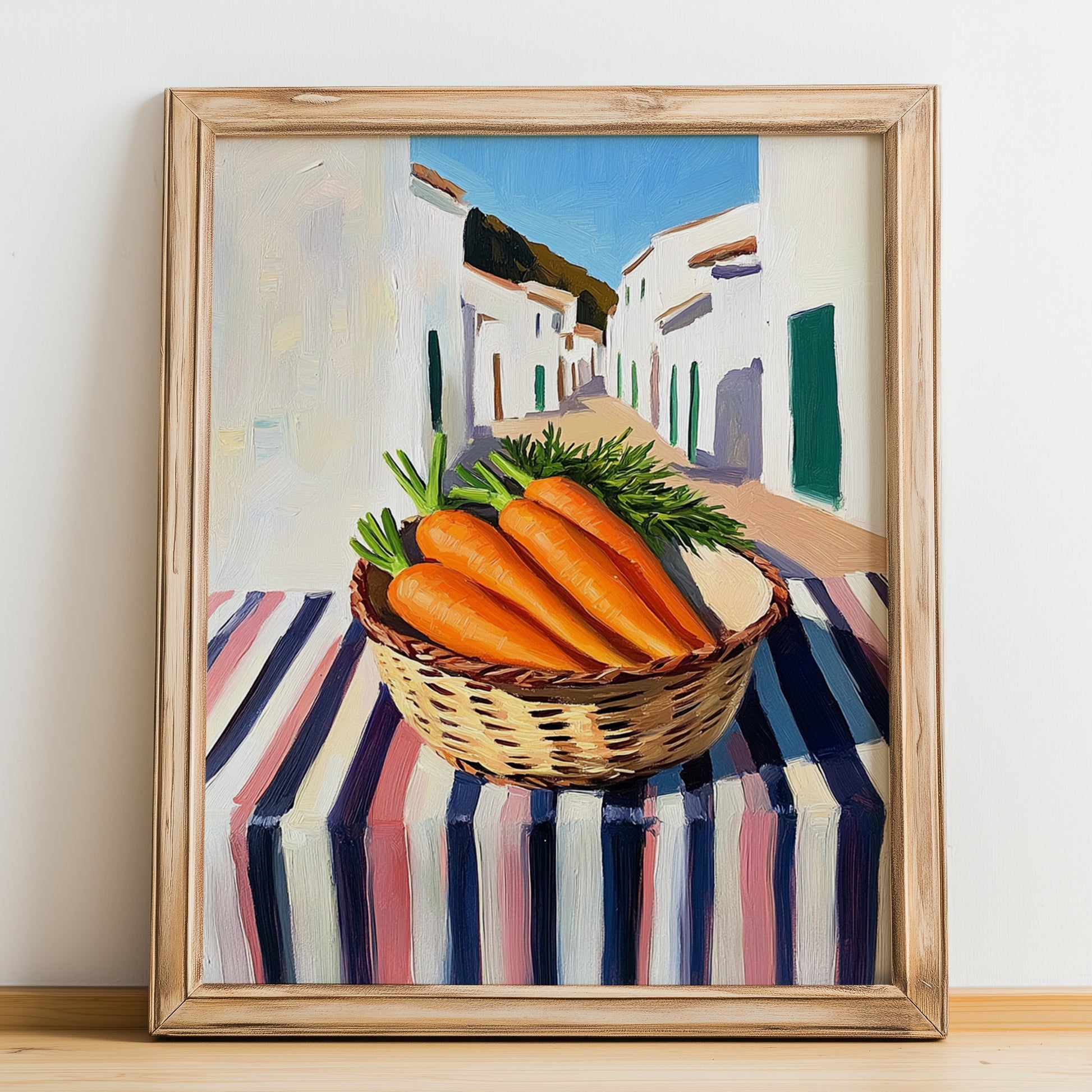 Carrot – White village Urban Café Scene, Vegetable Print, no-text version framed in wood