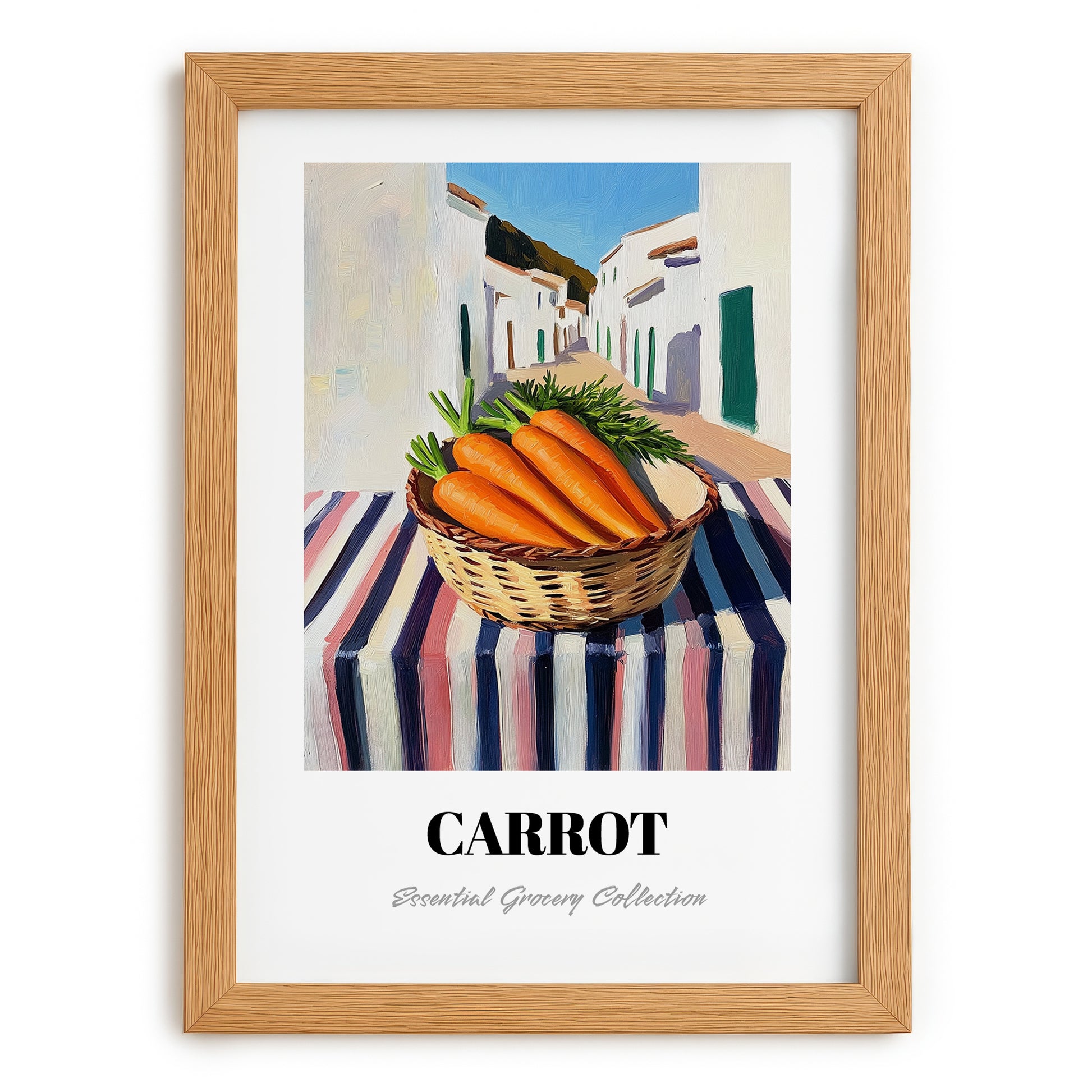 Carrot – White village Urban Café Scene, Vegetable Print, set in oak frame