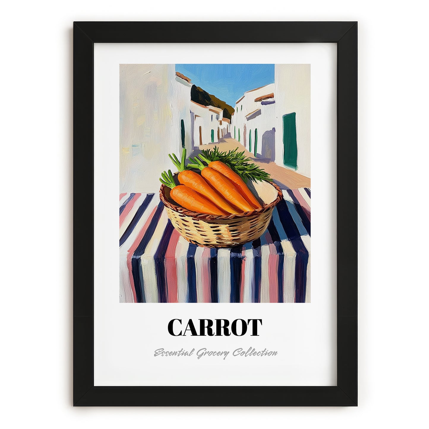 Carrot – White village Urban Café Scene, Vegetable Print, in sleek black frame