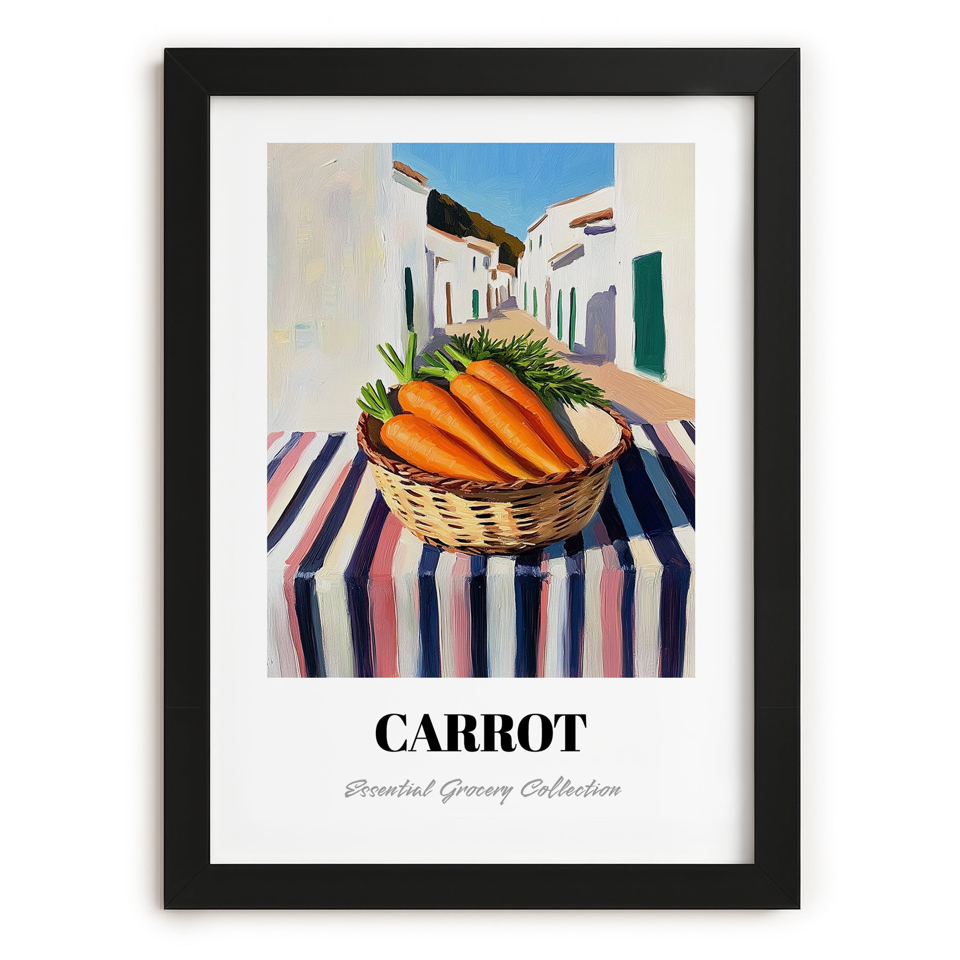 Carrot – White village Urban Café Scene, Vegetable Print, in sleek black frame