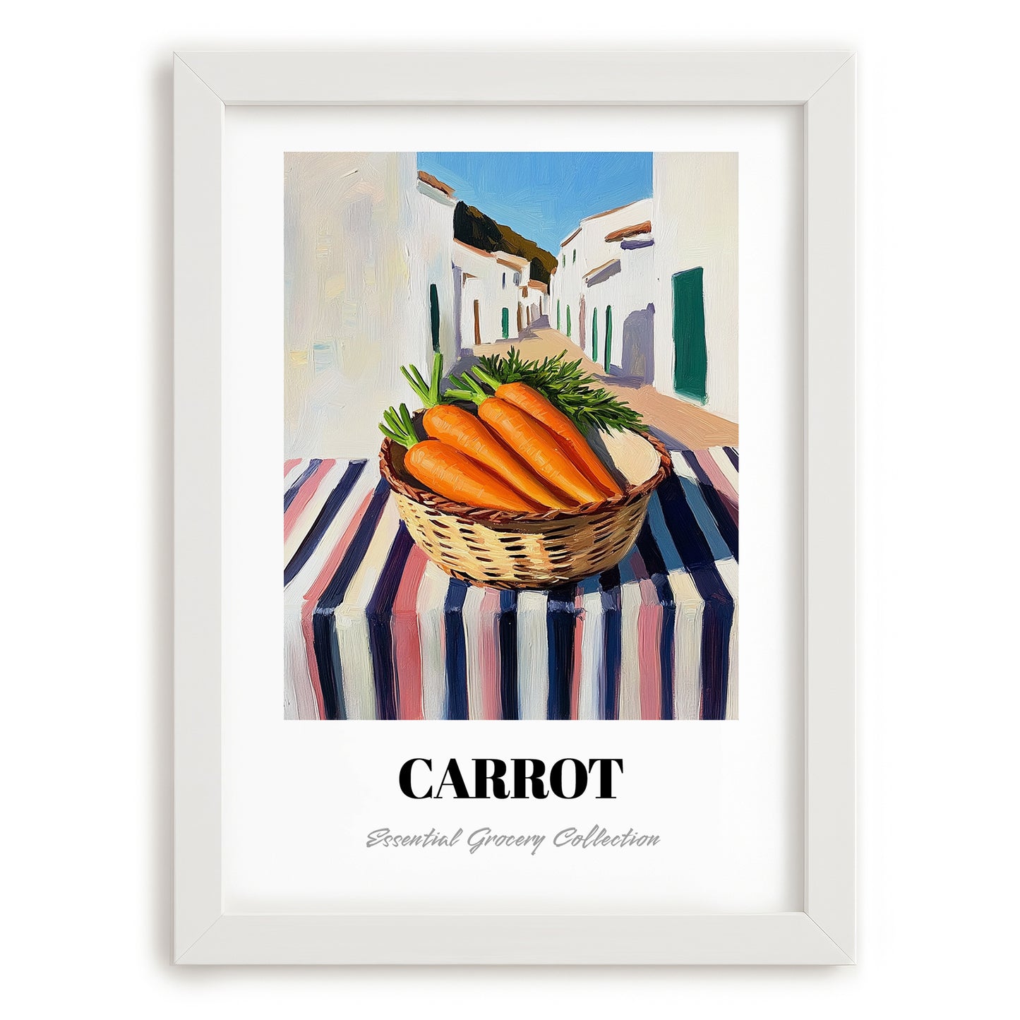 Carrot – White village Urban Café Scene, Vegetable Print, placed in minimal white frame