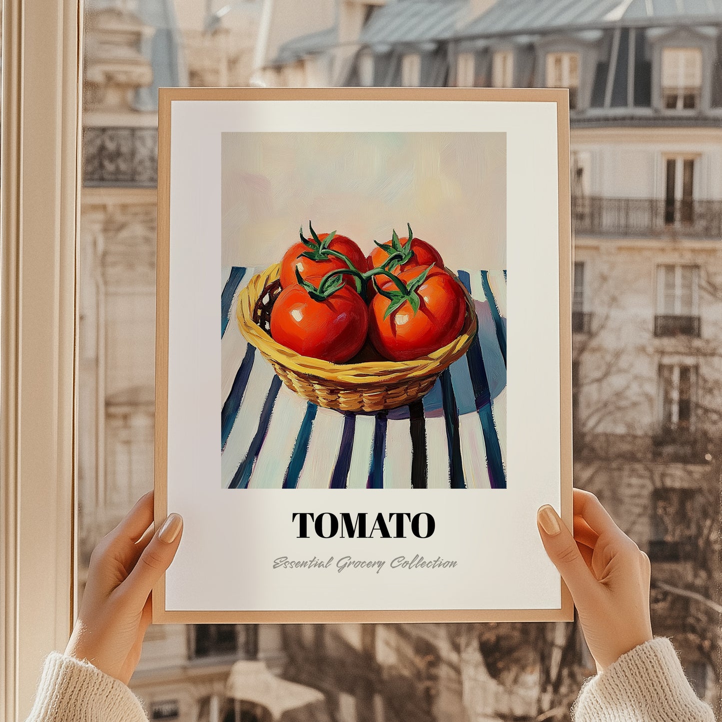 Tomato – on Striped Tablecloth, Vegetable Art, styled in a charming Paris street view