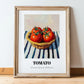 Tomato – on Striped Tablecloth, Vegetable Art, in wooden frame leaning on the floor