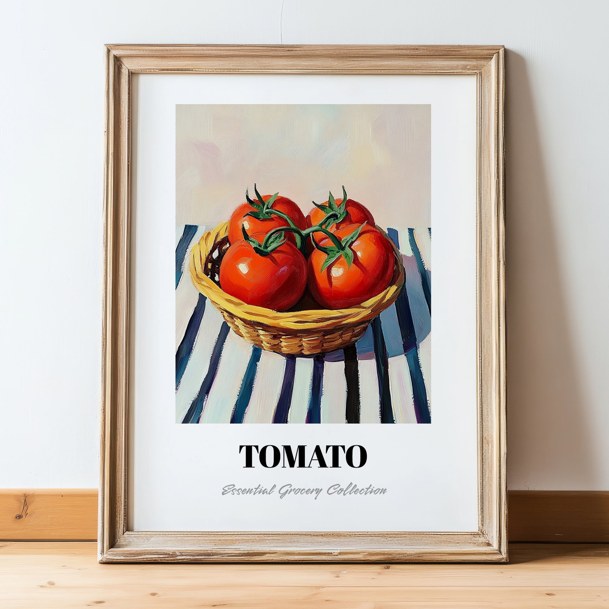 Tomato – on Striped Tablecloth, Vegetable Art, in wooden frame leaning on the floor