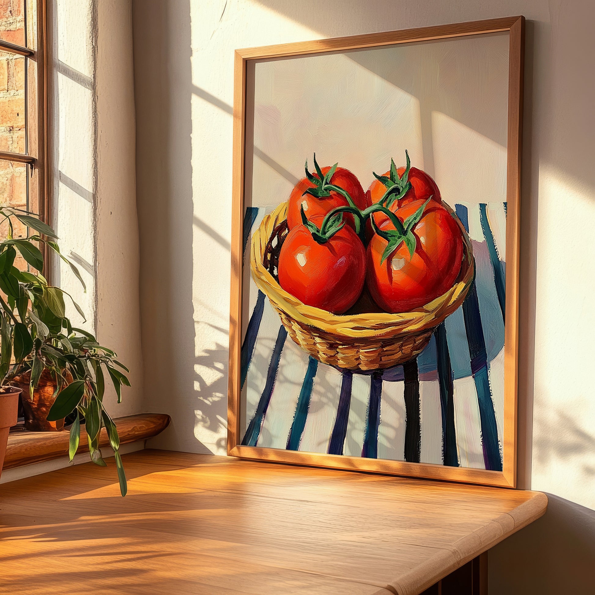 Tomato – on Striped Tablecloth, Vegetable Art, clean layout with no caption