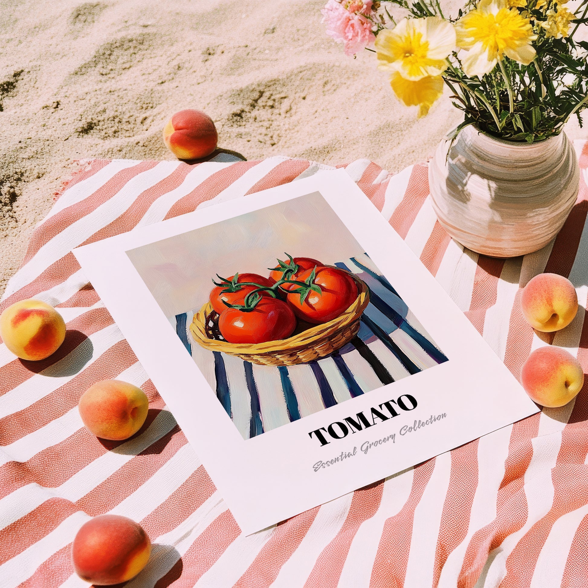 Tomato – on Striped Tablecloth, Vegetable Art, unframed on coastal sand