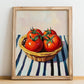 Tomato – on Striped Tablecloth, Vegetable Art, no-text version framed in wood