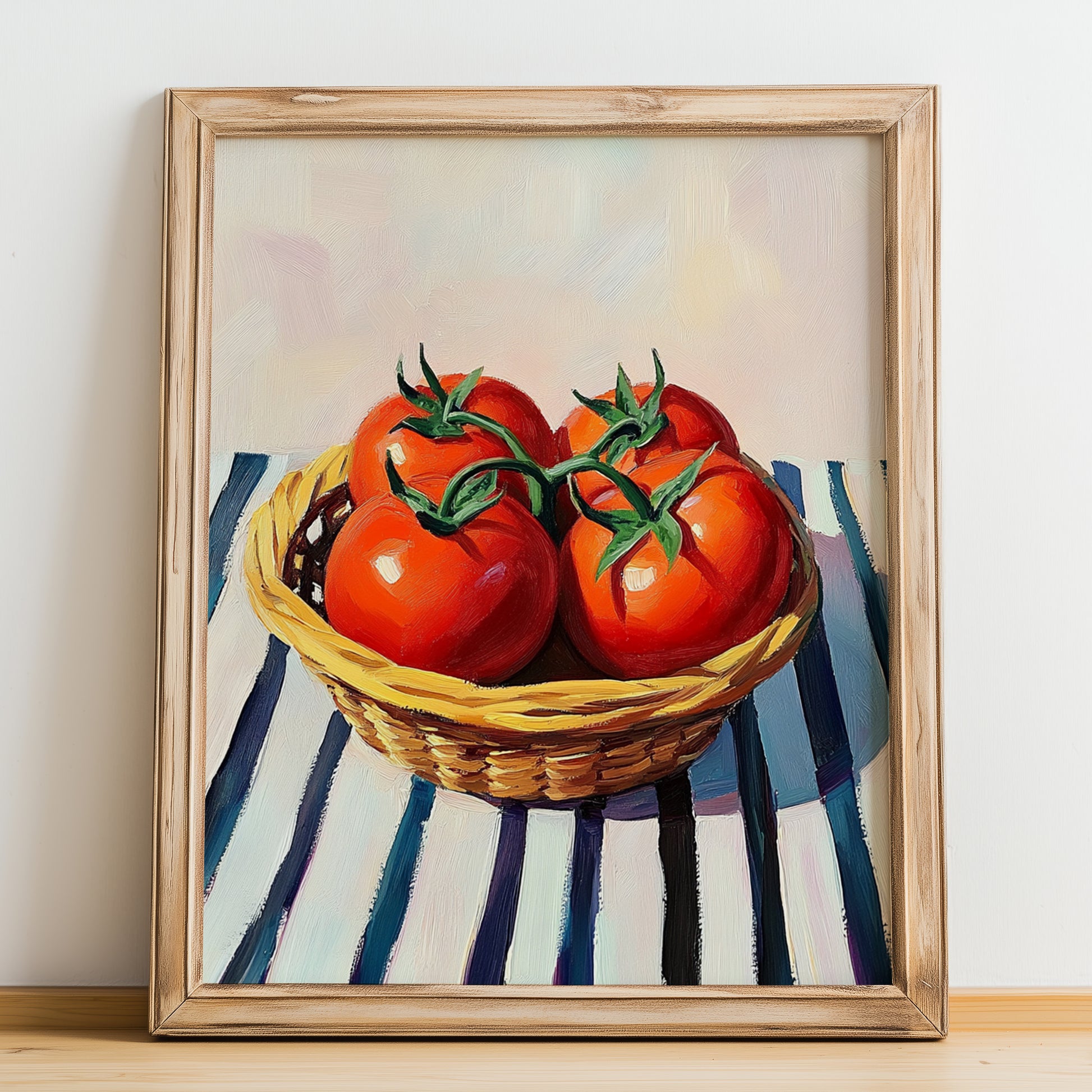 Tomato – on Striped Tablecloth, Vegetable Art, no-text version framed in wood