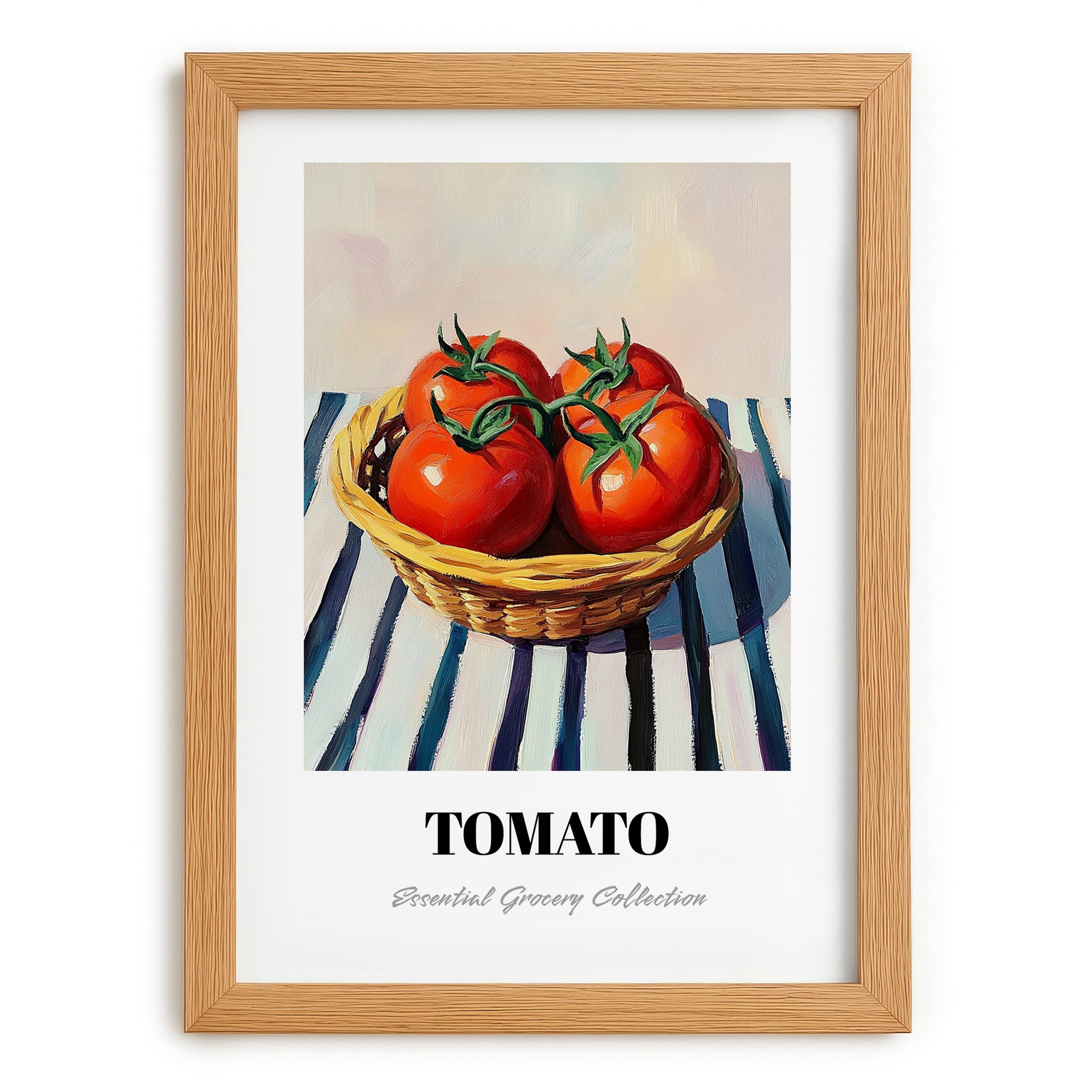Tomato – on Striped Tablecloth, Vegetable Art, set in oak frame