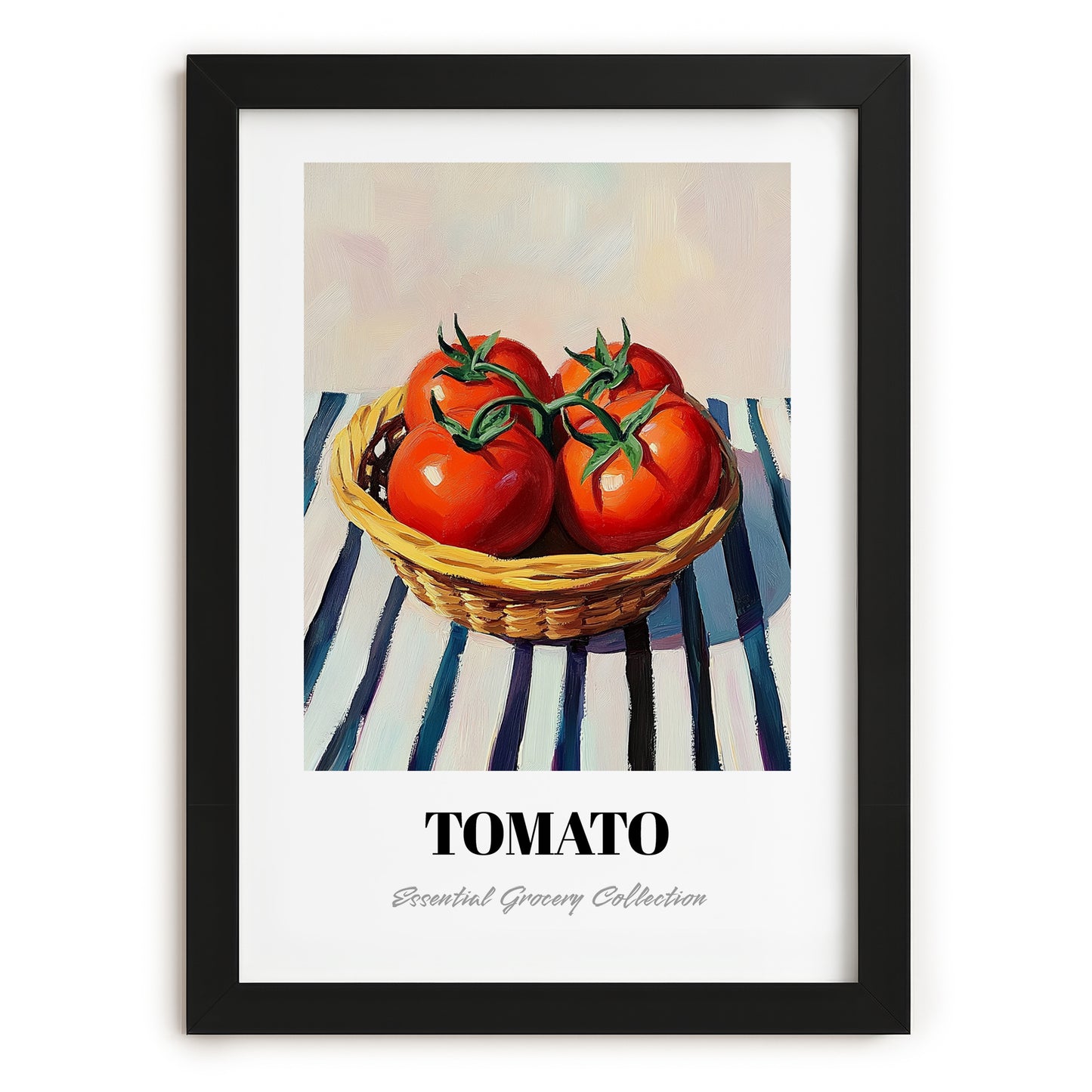 Tomato – on Striped Tablecloth, Vegetable Art, in sleek black frame