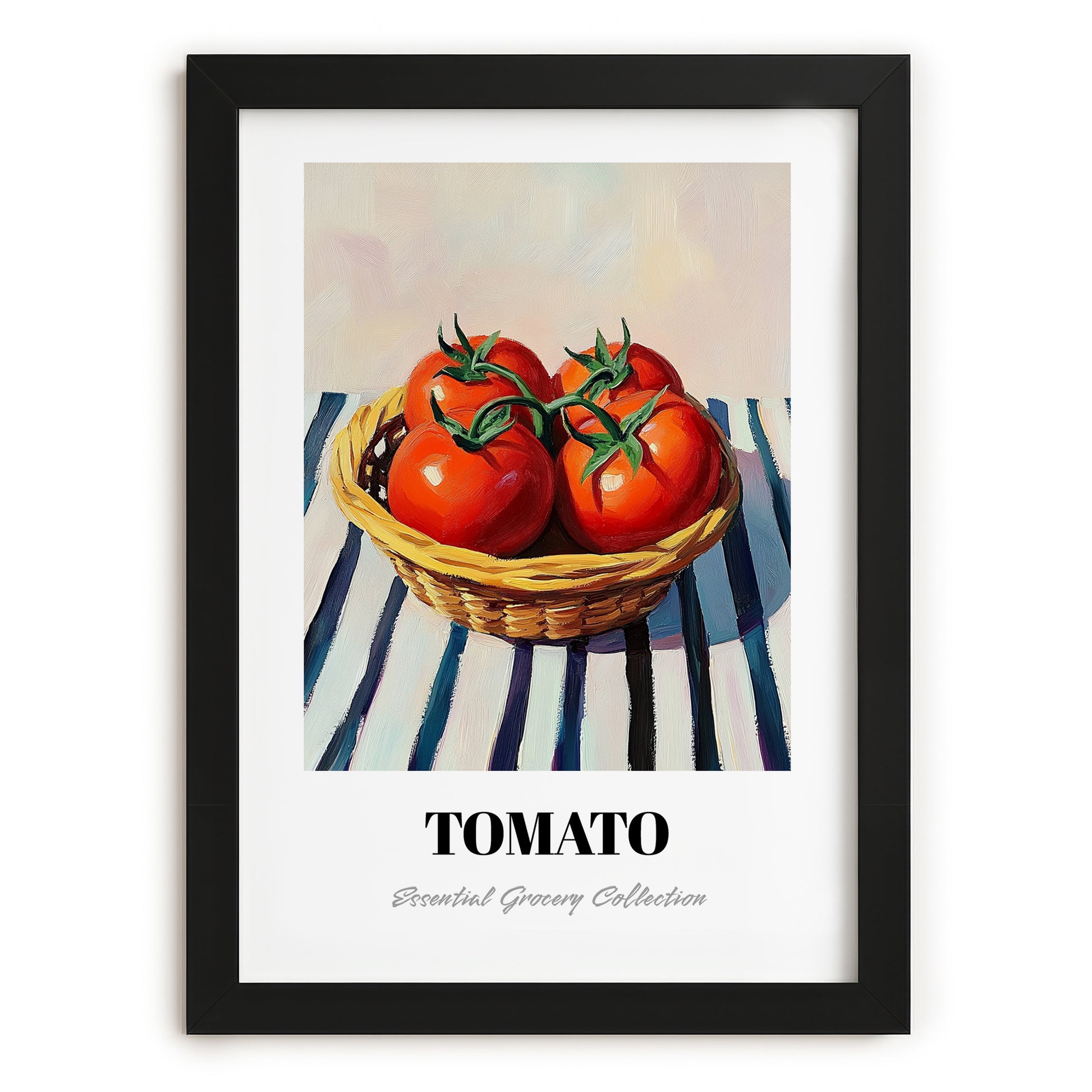 Tomato – on Striped Tablecloth, Vegetable Art, in sleek black frame