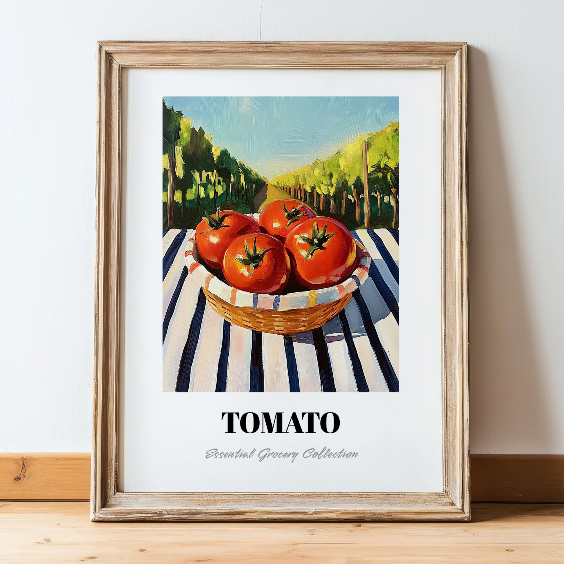 Tomato – Valley Café Scene, Vegetable Poster, in wooden frame leaning on the floor