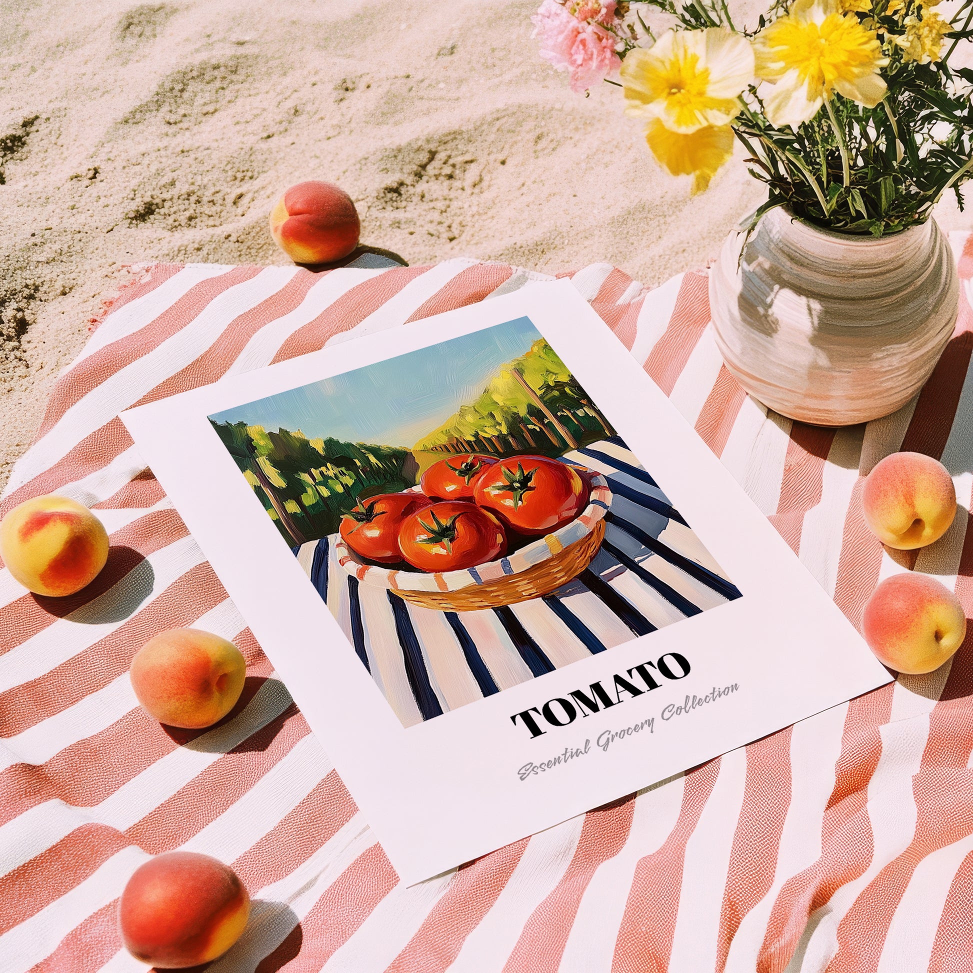 Tomato – Valley Café Scene, Vegetable Poster, unframed on coastal sand