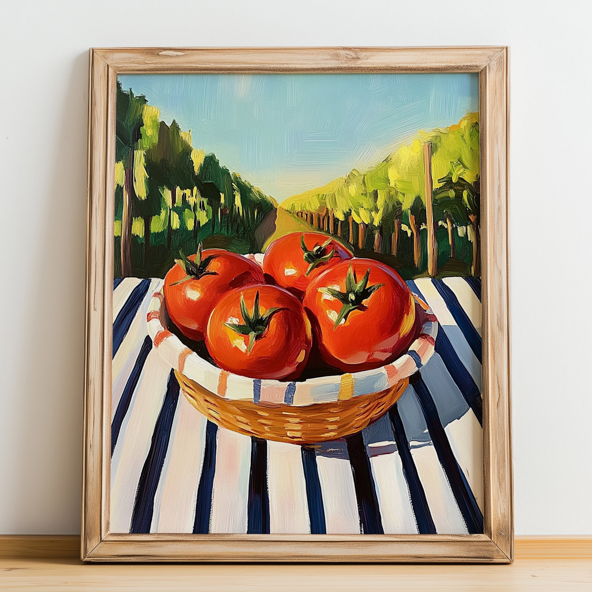 Tomato – Valley Café Scene, Vegetable Poster, no-text version framed in wood